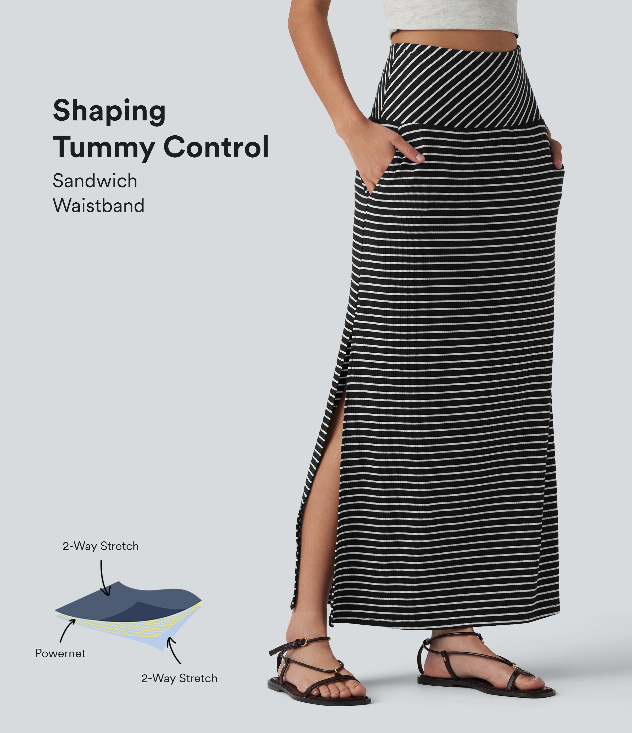 High Waisted Tummy Control Split Stripes Maxi Casual Skirt with Pockets