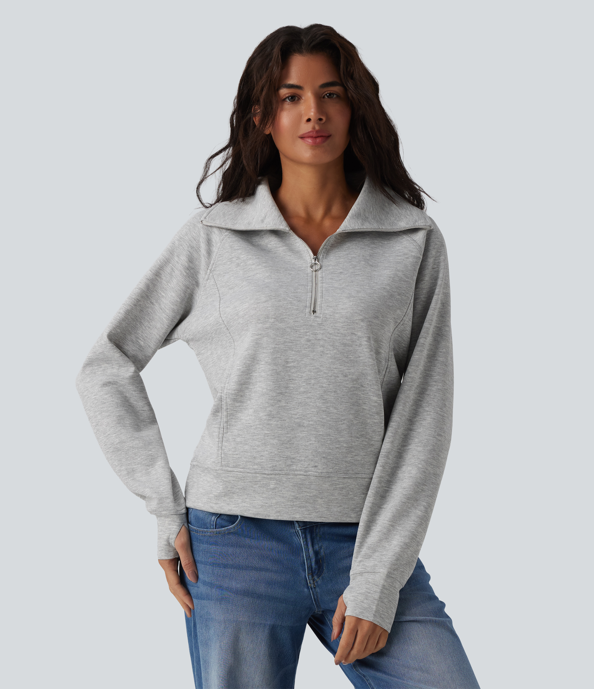 Lapel Half Zipper Long Sleeve Thumb Holes Casual Sweatshirt with Pockets