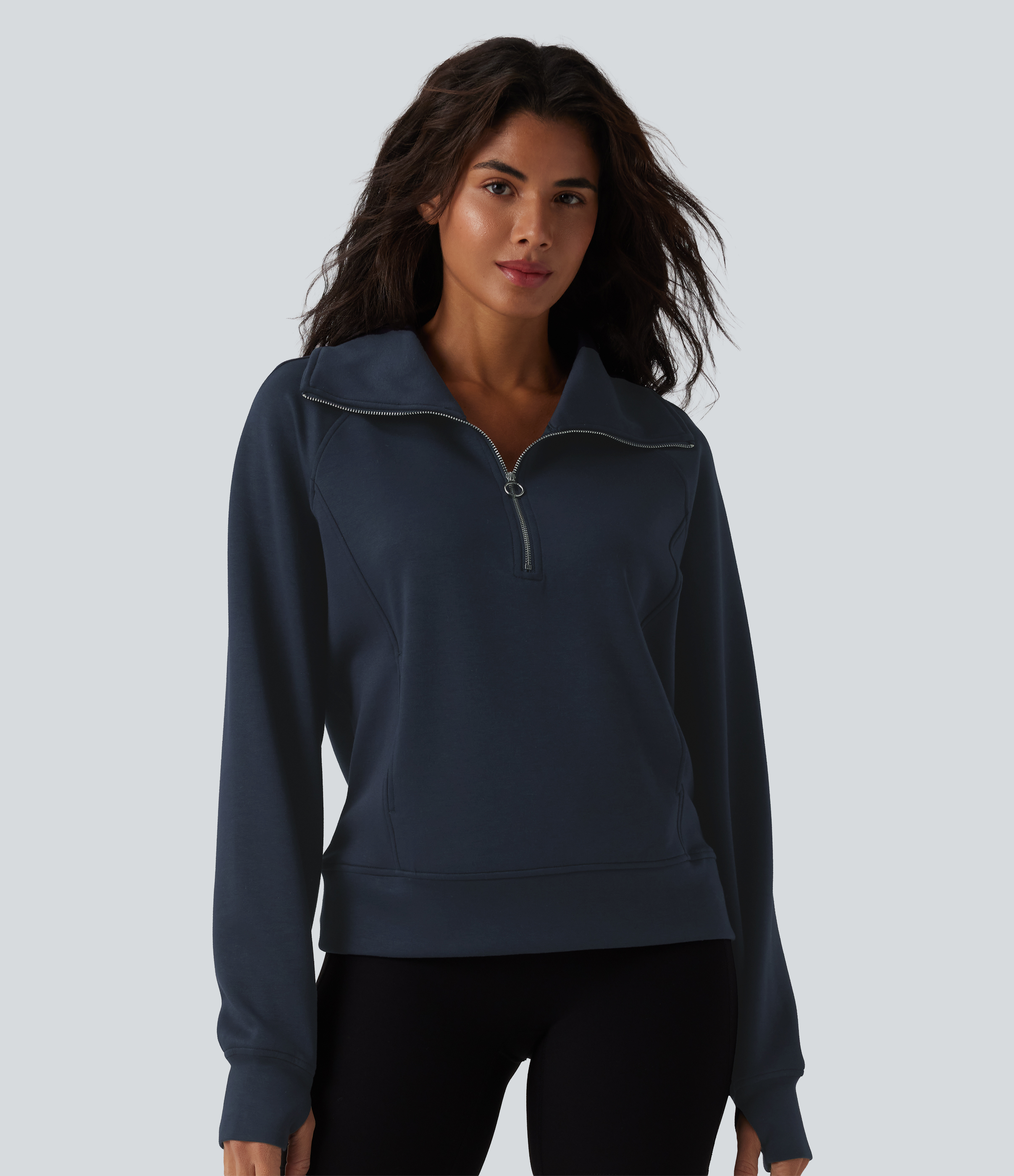 Lapel Half Zipper Long Sleeve Thumb Holes Casual Sweatshirt with Pockets