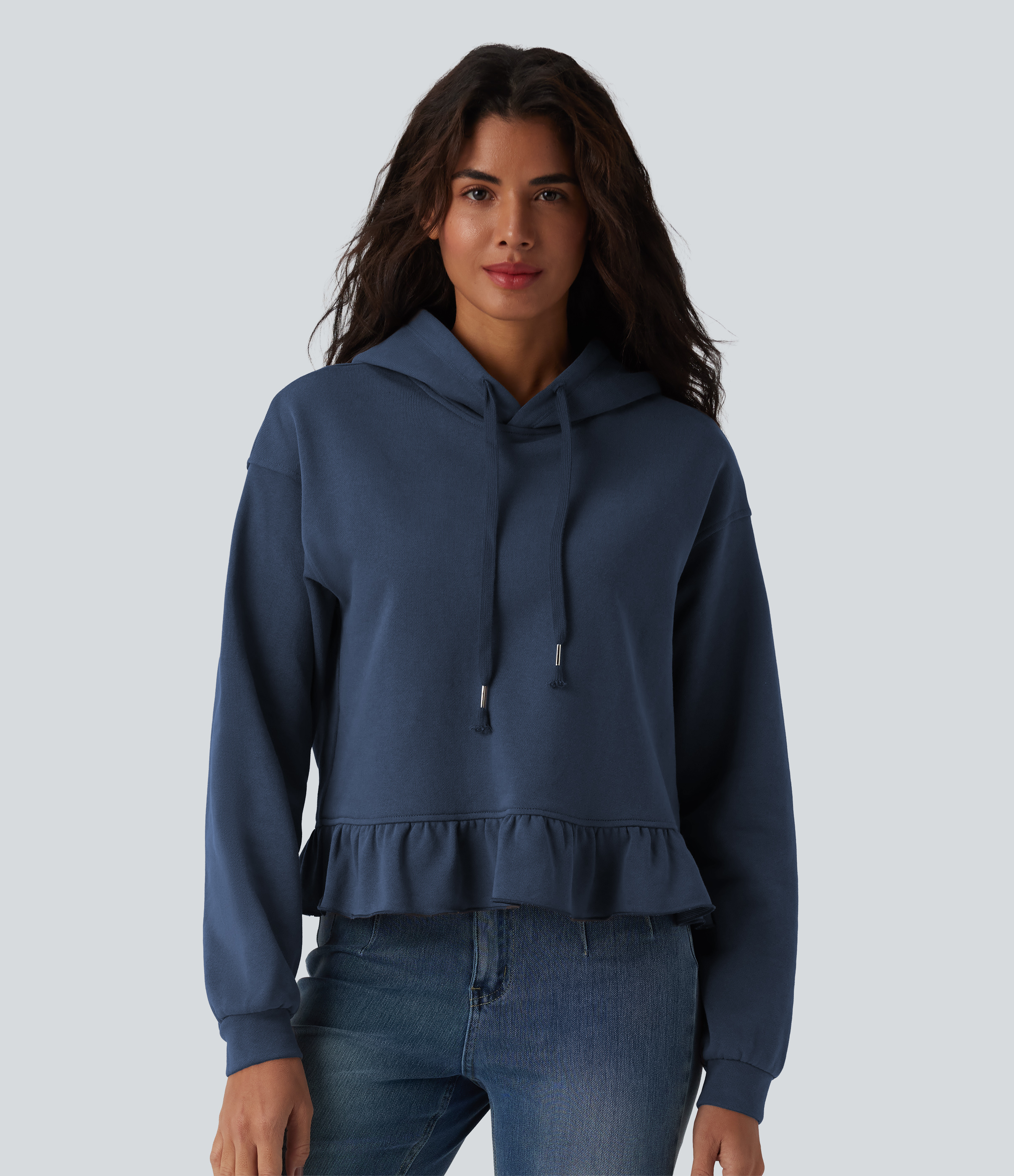 Hooded Drawstring Long Sleeve Ruffle Hem Casual Cotton Sweatshirt