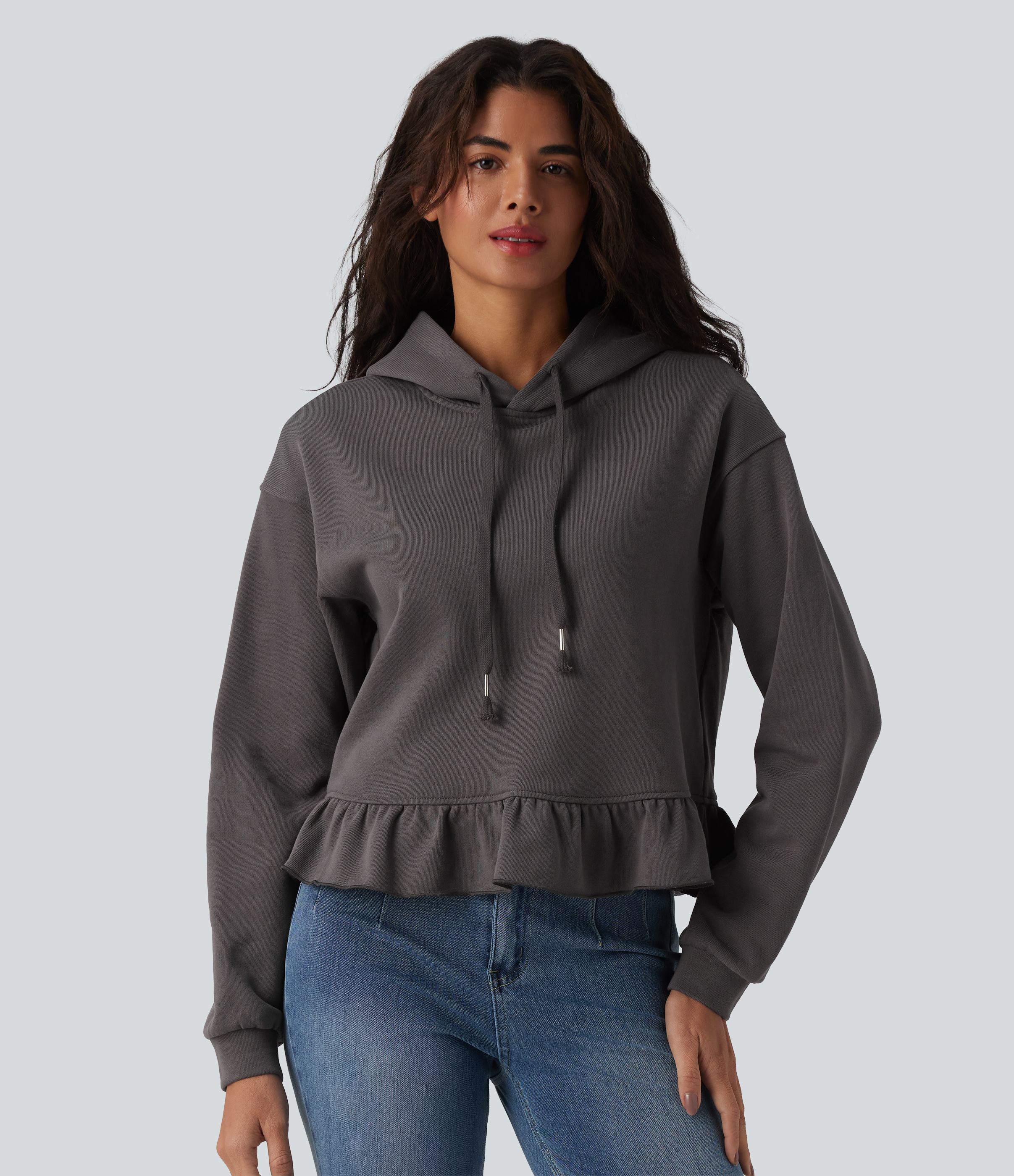 Hooded Drawstring Long Sleeve Ruffle Hem Casual Cotton Sweatshirt