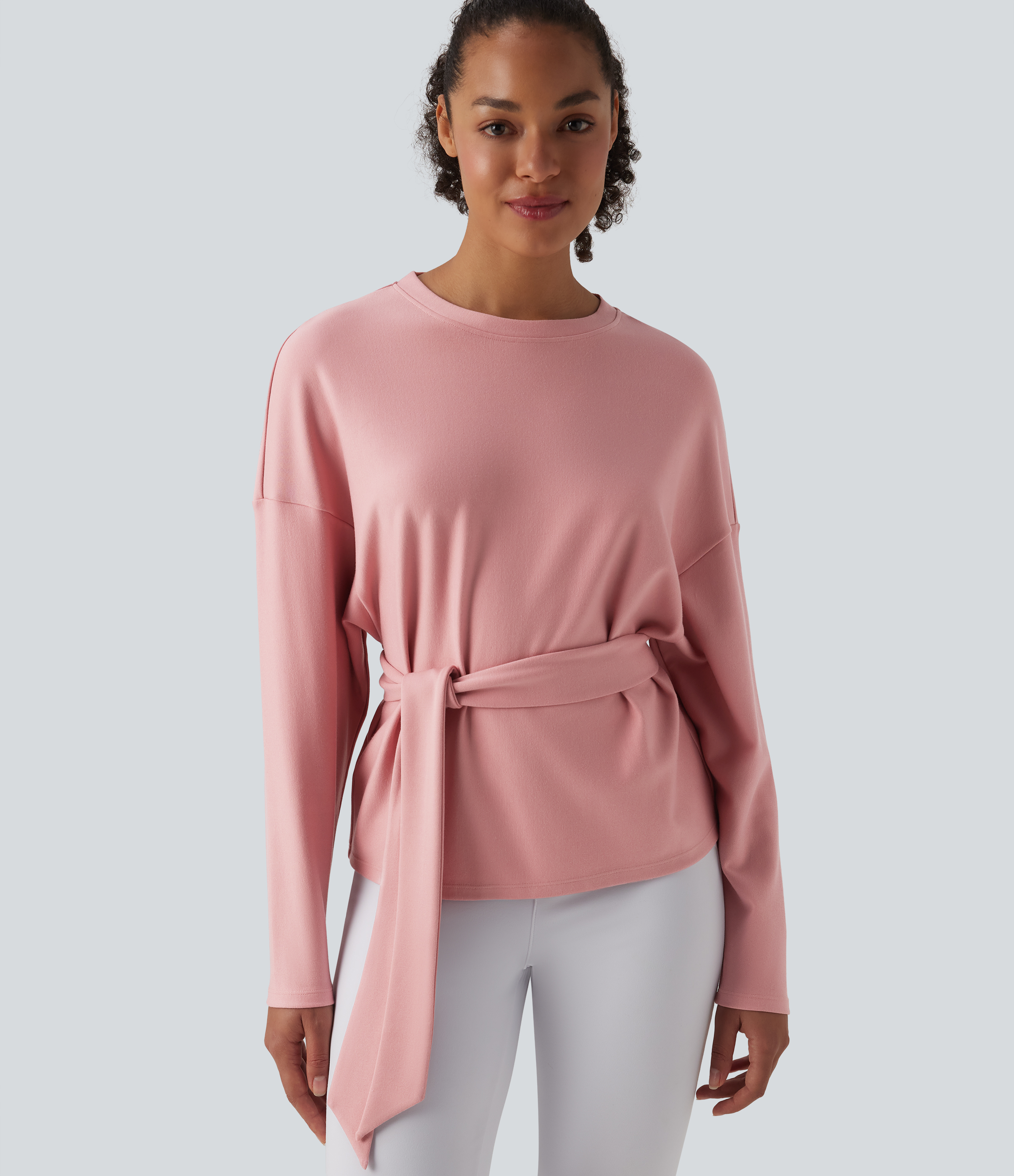 Round Neck Batwing Long Sleeve Belted Relaxed Casual Top