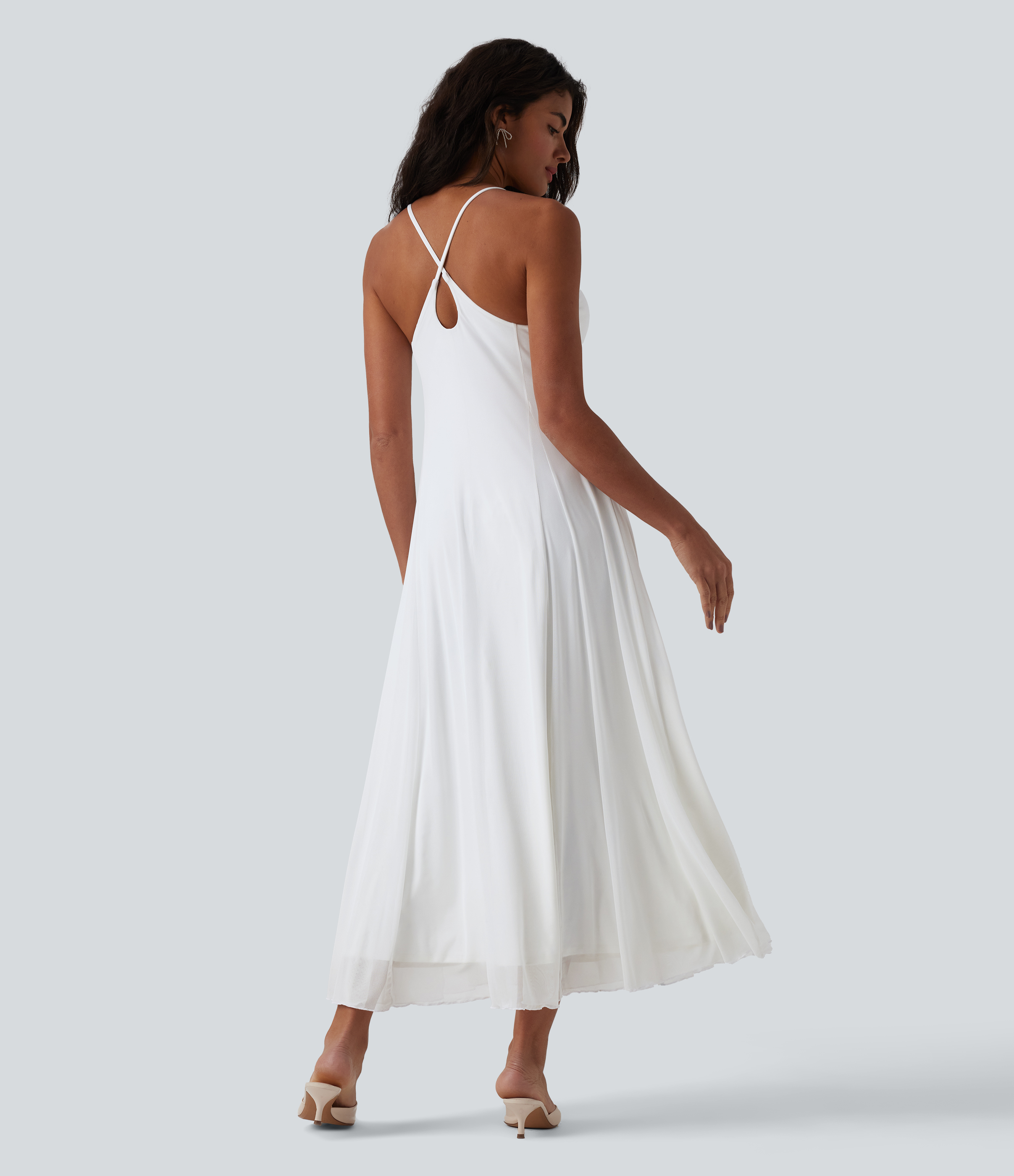 Weiß Fließendes Maxikleid mit überkreuztem Rückendesign Kontrast-Mesh für Brautjungfern und Hochzeitsgäste / 2