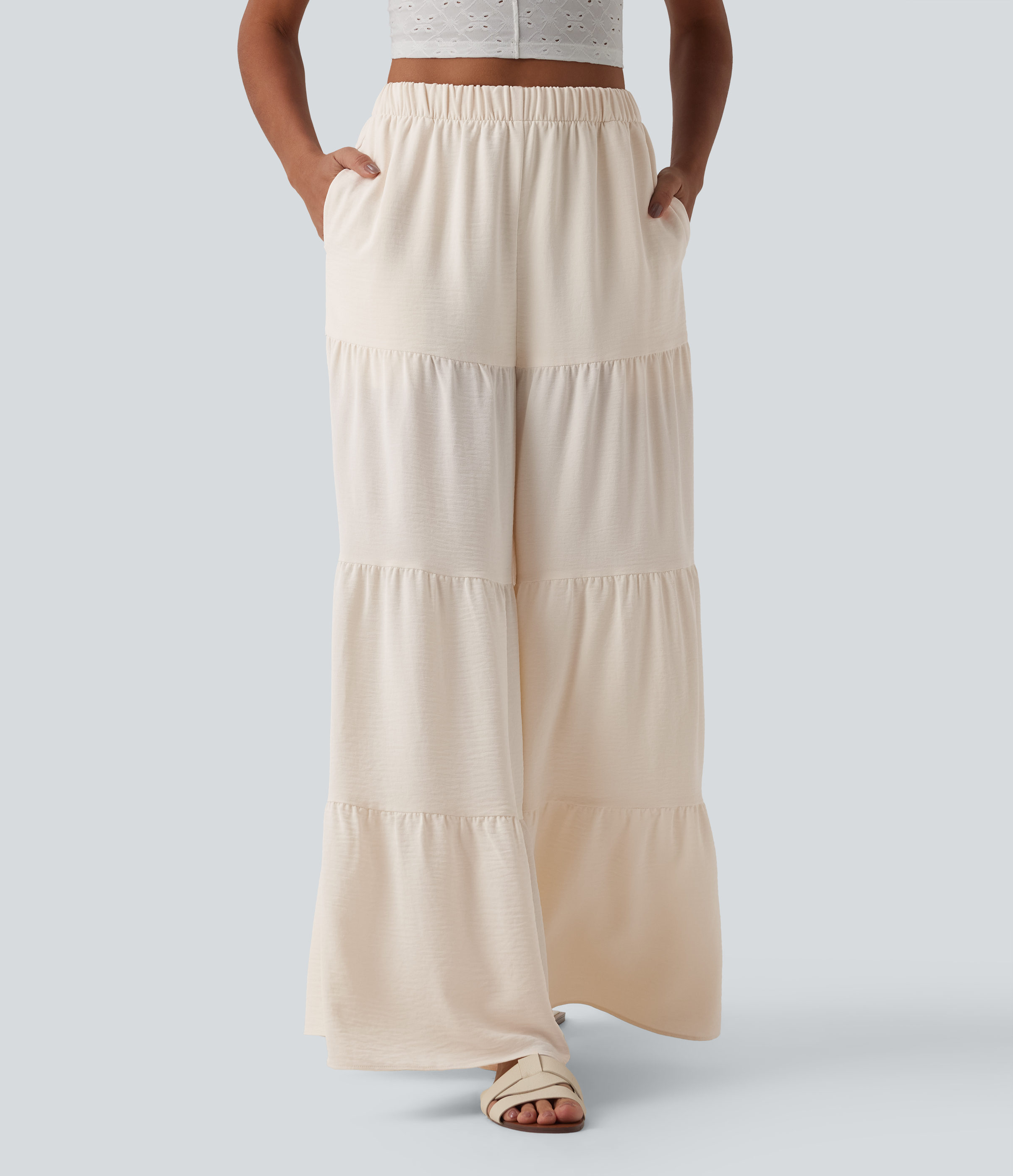 High Waisted Wide Leg Flowy Linen-Feel Trousers with Pockets