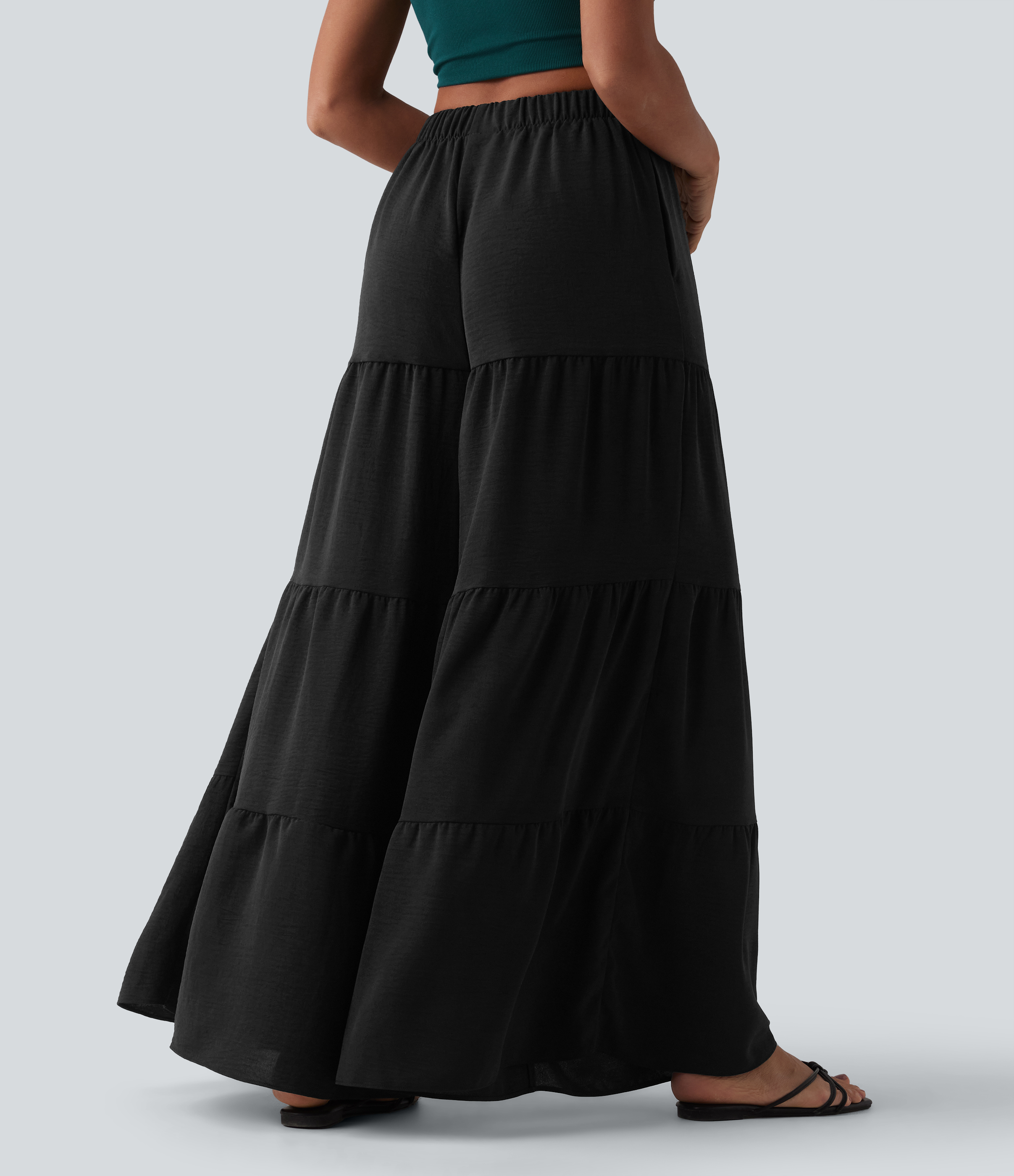 Black High Waisted Wide Leg Flowy Linen-Feel Pants with Pockets / 2