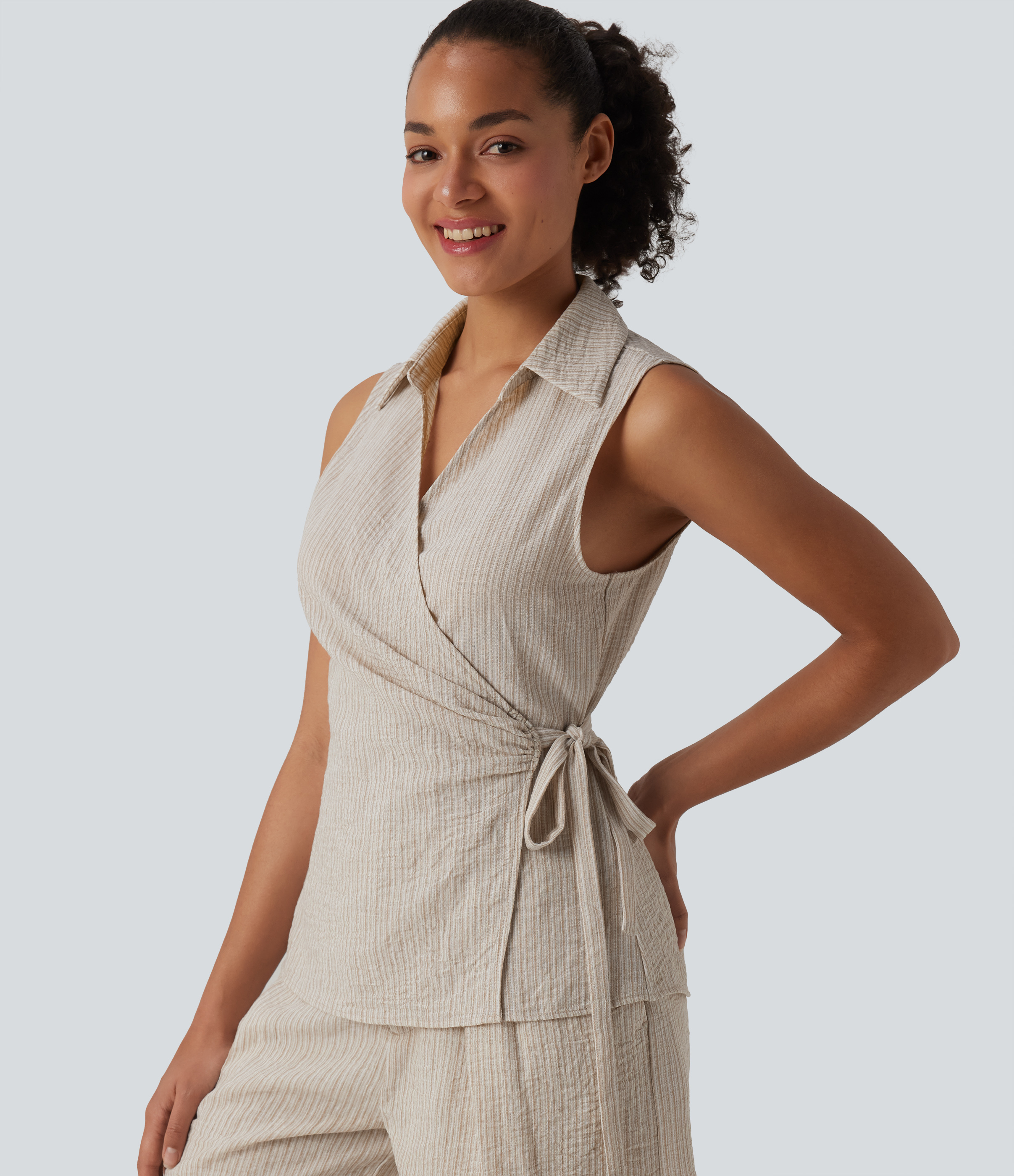 Collar Sleeveless Tie-side Wrapped Casual Linen-Feel Shirt
