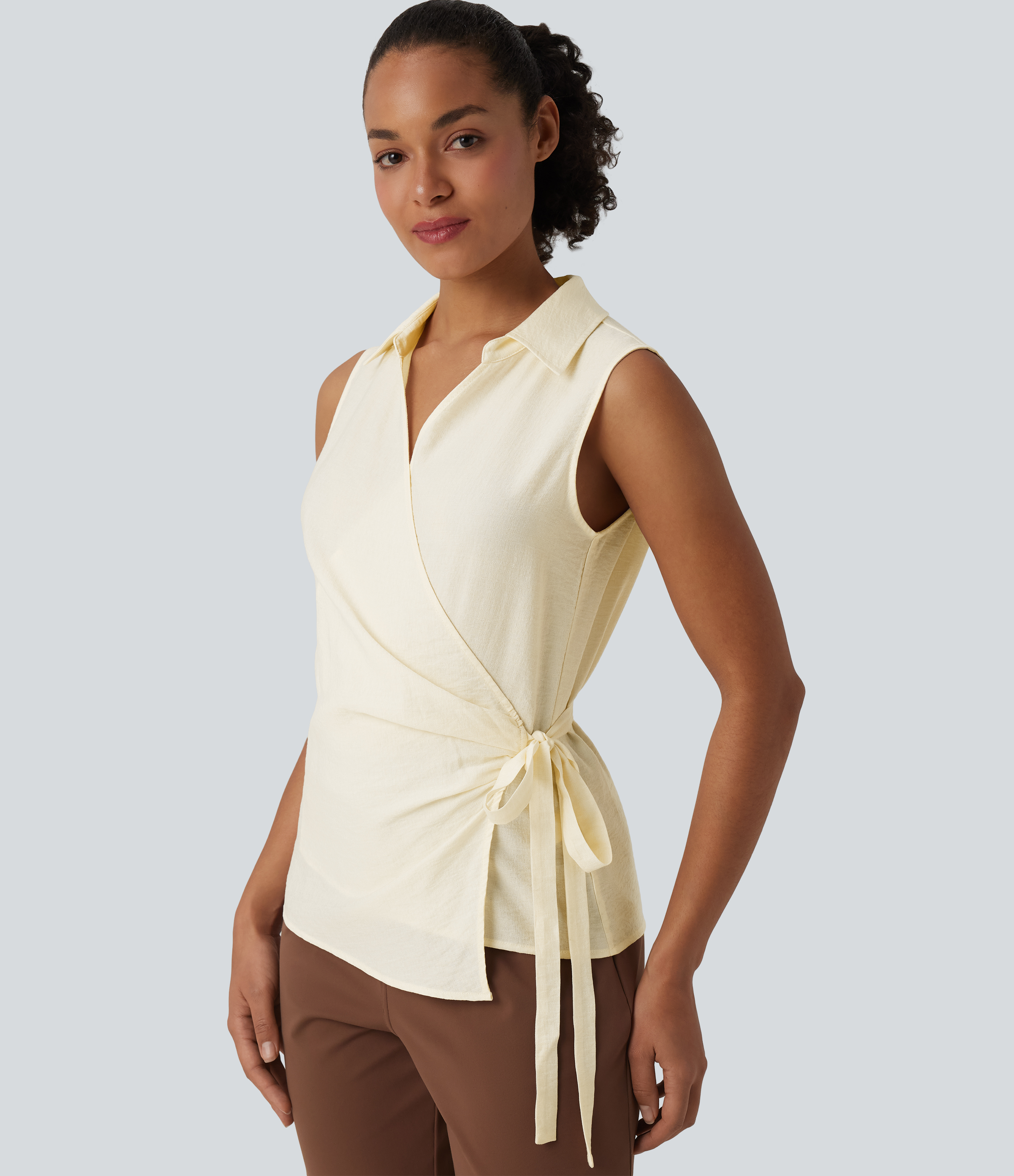 V Neck Sleeveless Wrapped Tie Side Work Shirt