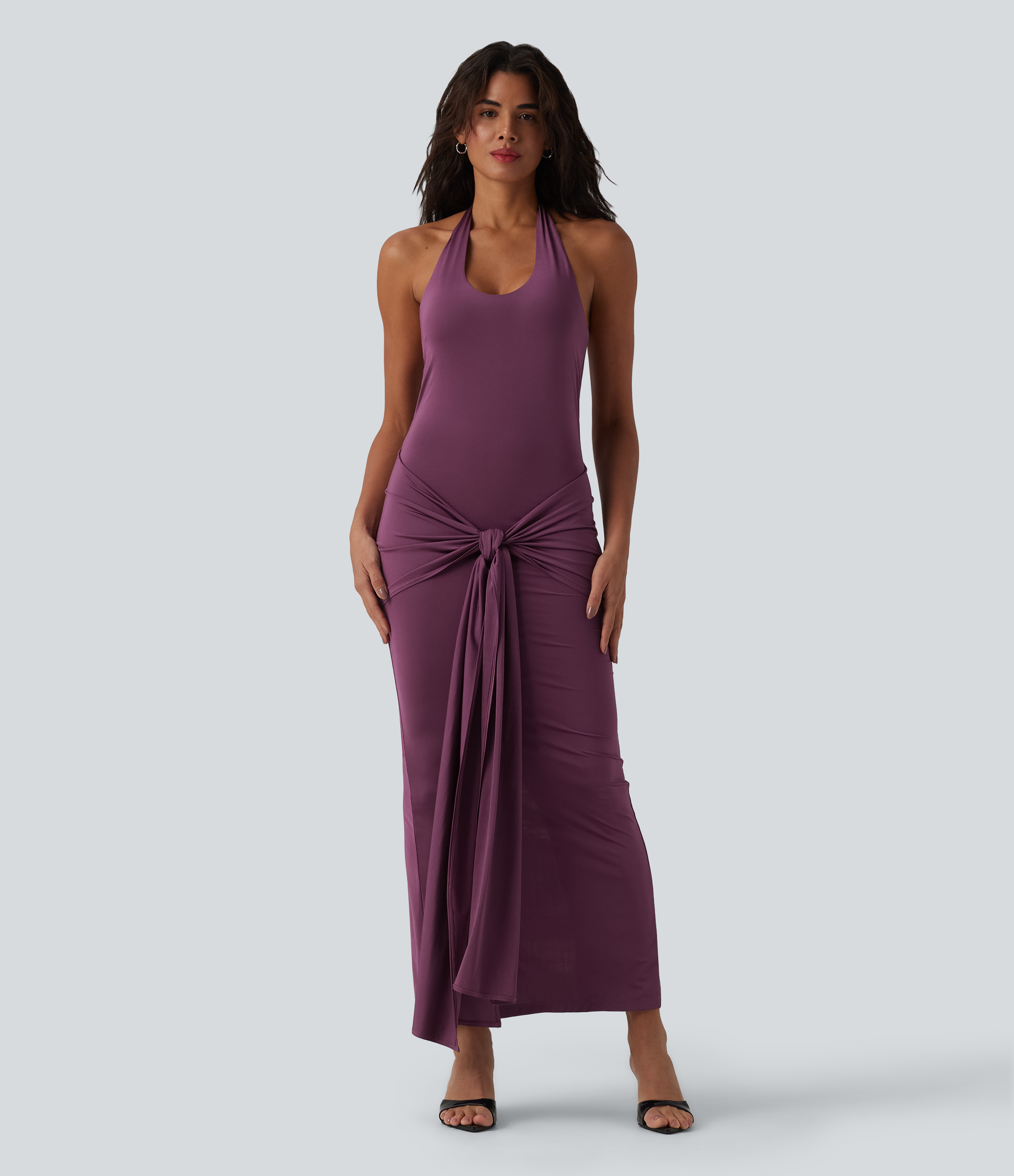 Halter Tie Front Bodycon Ruched Stretchy Satin-Like Cool Touch Maxi Dress
