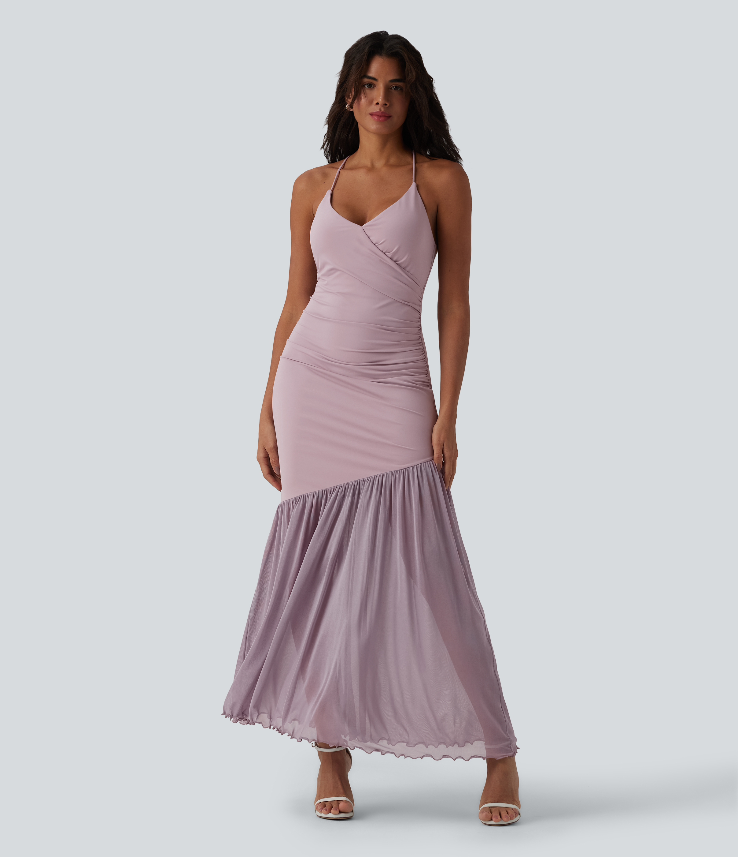 Sweetheart Neck Lace Up Contrast Mesh Flowy Maxi Slip Dress