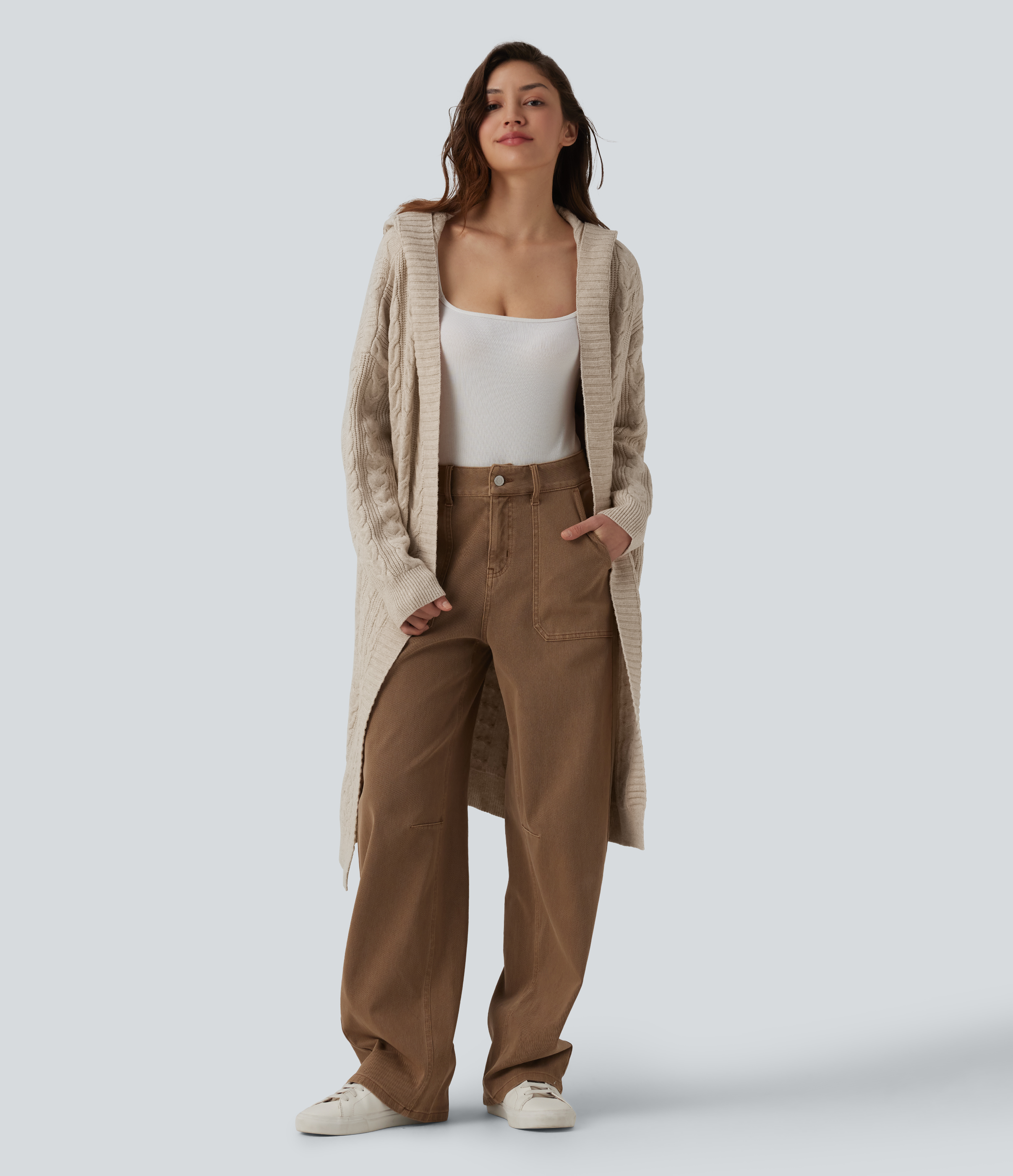 Hooded Long Sleeve Longline Casual Cardigan with Pockets