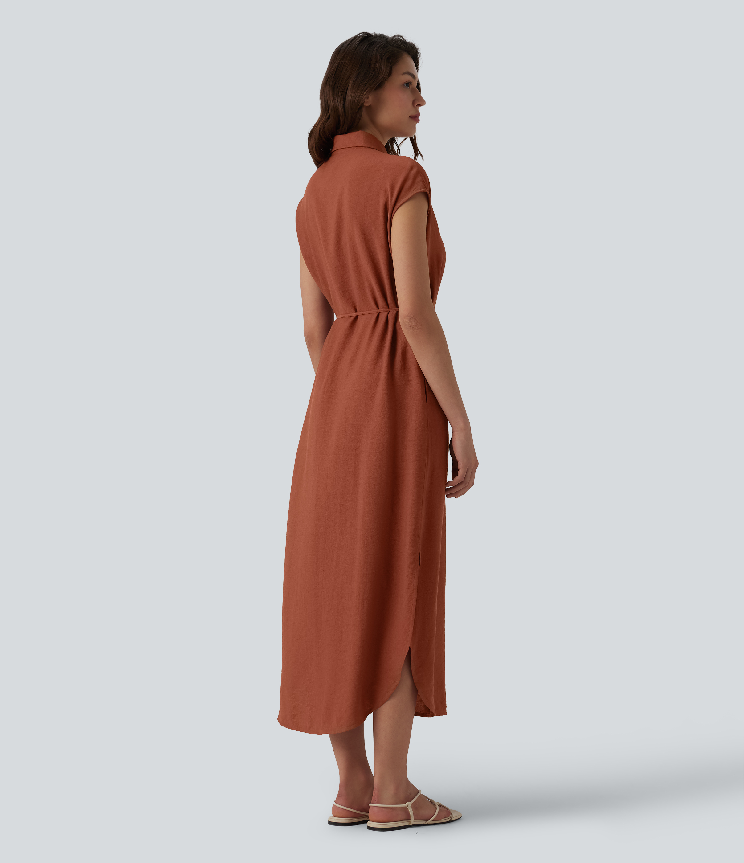 Bruschetta Collar Cap Sleeve Belted Curved Split Hem Midi Casual Shirt Dress with Pockets / 2
