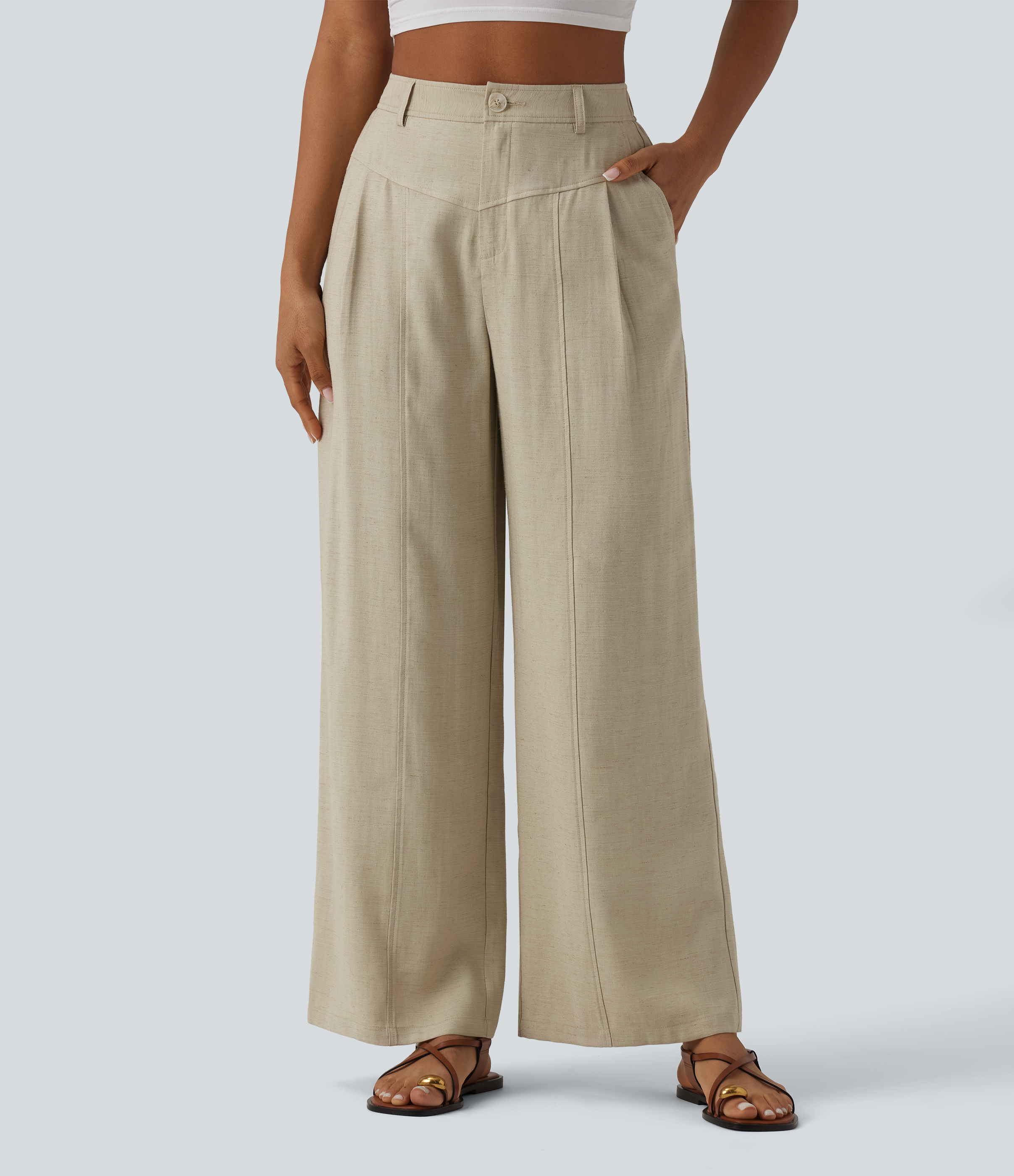 Lässige Leinenhose mit hohem Bund und Taschen