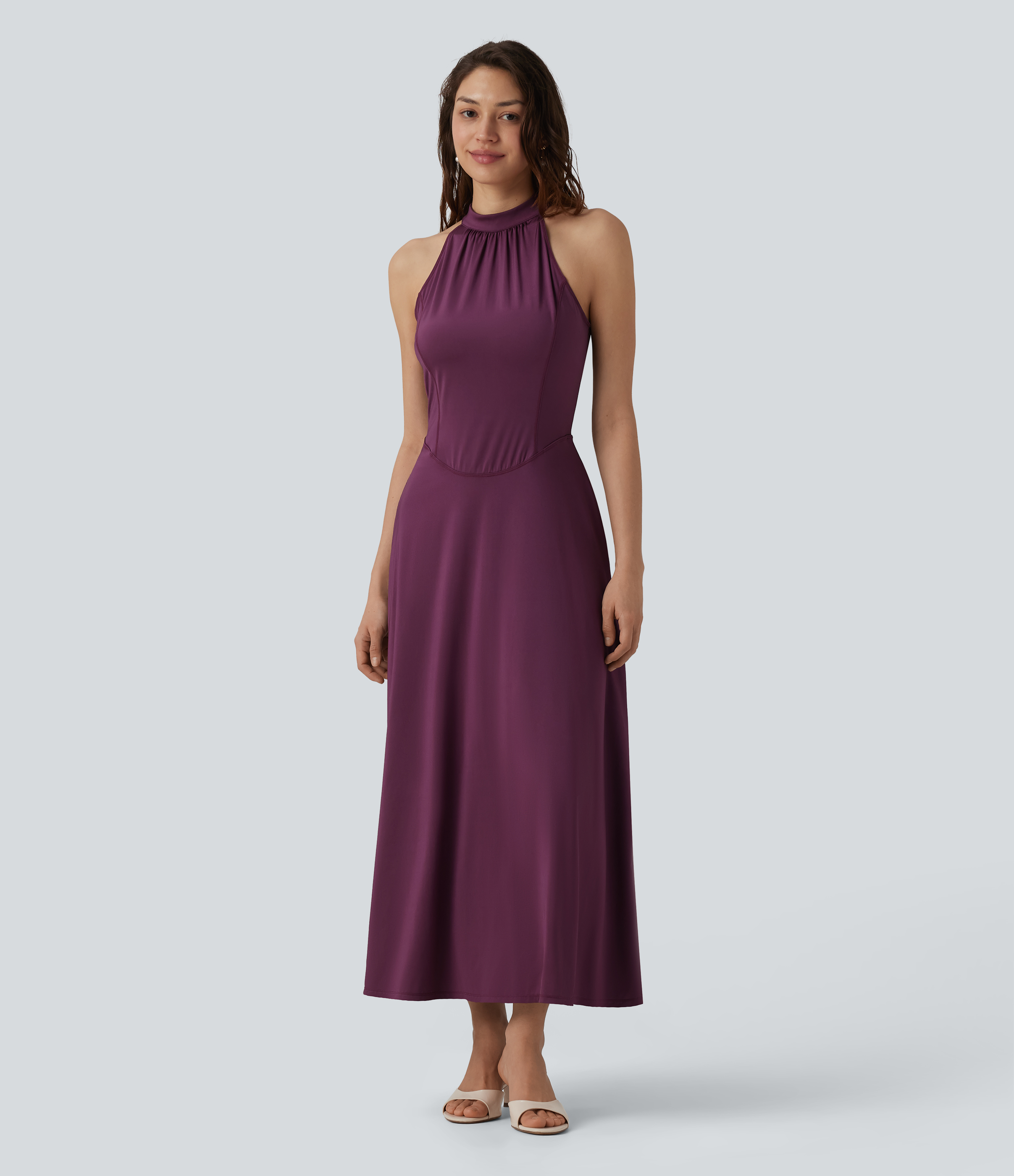 Mock Neck Sleeveless Invisible Zipper Midi Stretchy Satin-Like Cool Touch Bridesmaid And Wedding Guest Flowy Dress with Pockets