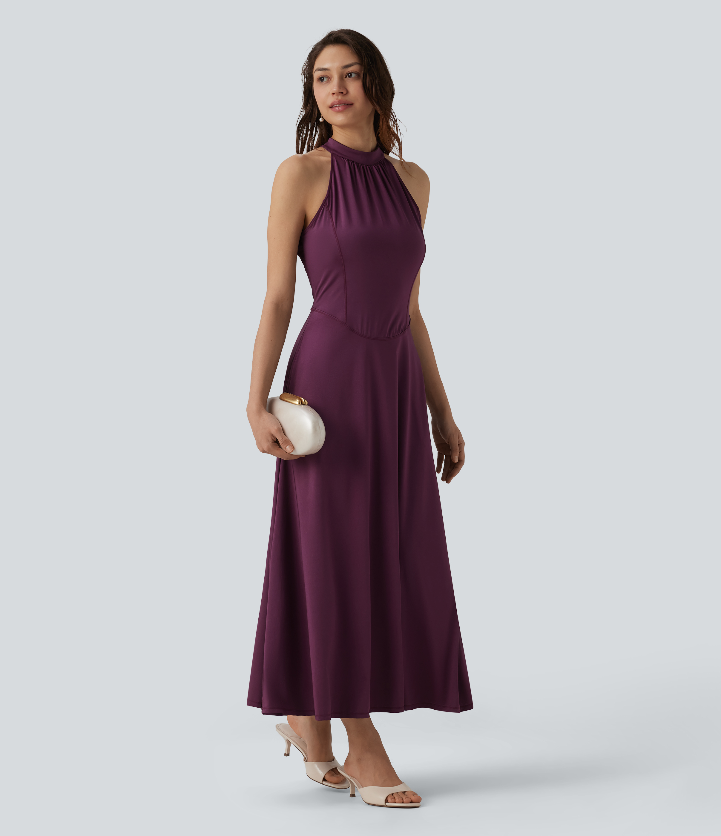 Robe midi fluide à col cheminée, sans manches, fermeture éclair invisible, en satin extensible au toucher frais, idéale pour demoiselles d'honneur et invitées de mariage, avec poches