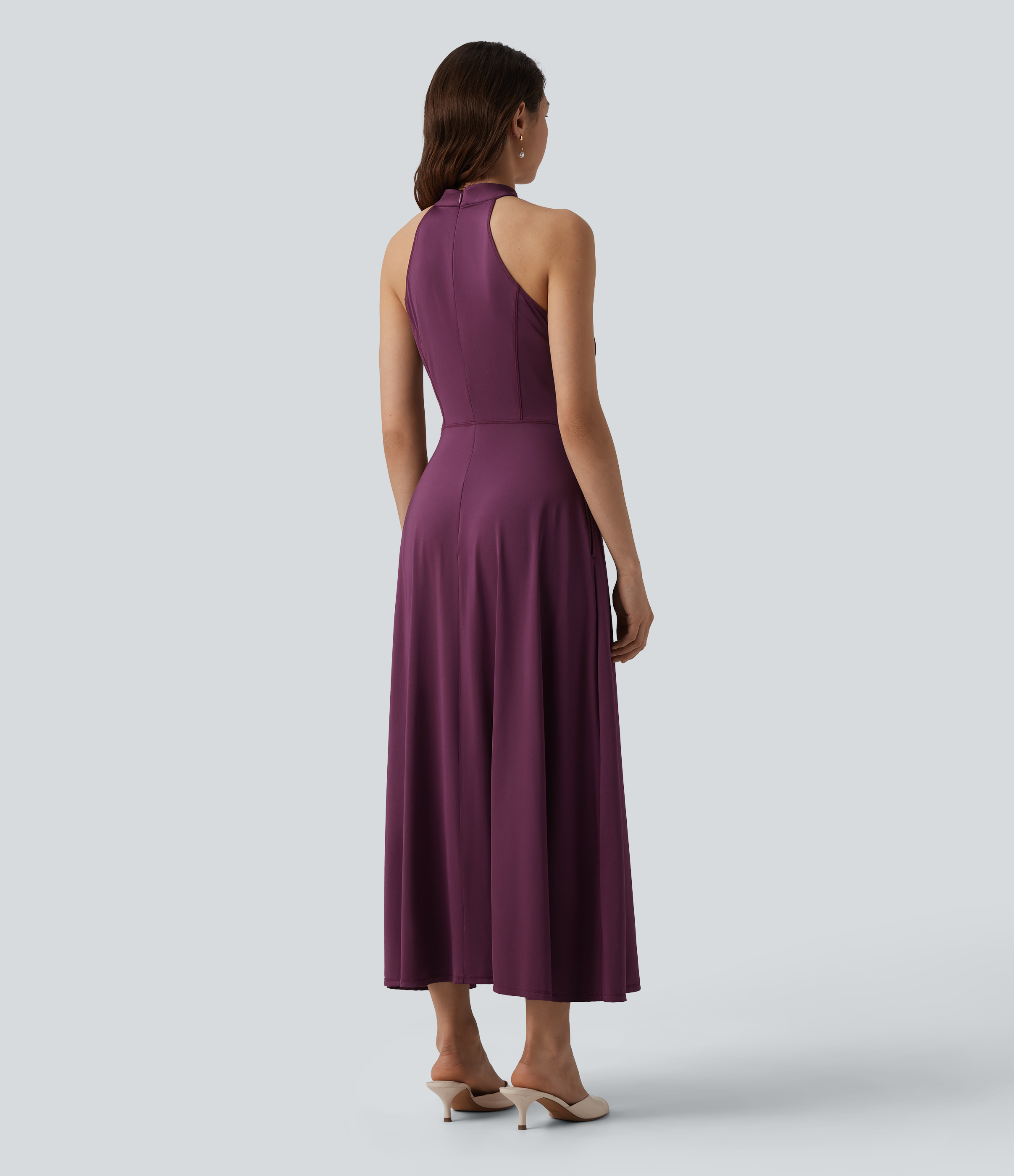 Amaranth Robe midi fluide à col cheminée, sans manches, zip invisible, en satin extensible à effet frais InstantCool, idéale pour demoiselles d'honneur et invitées de mariage, avec poches / 2