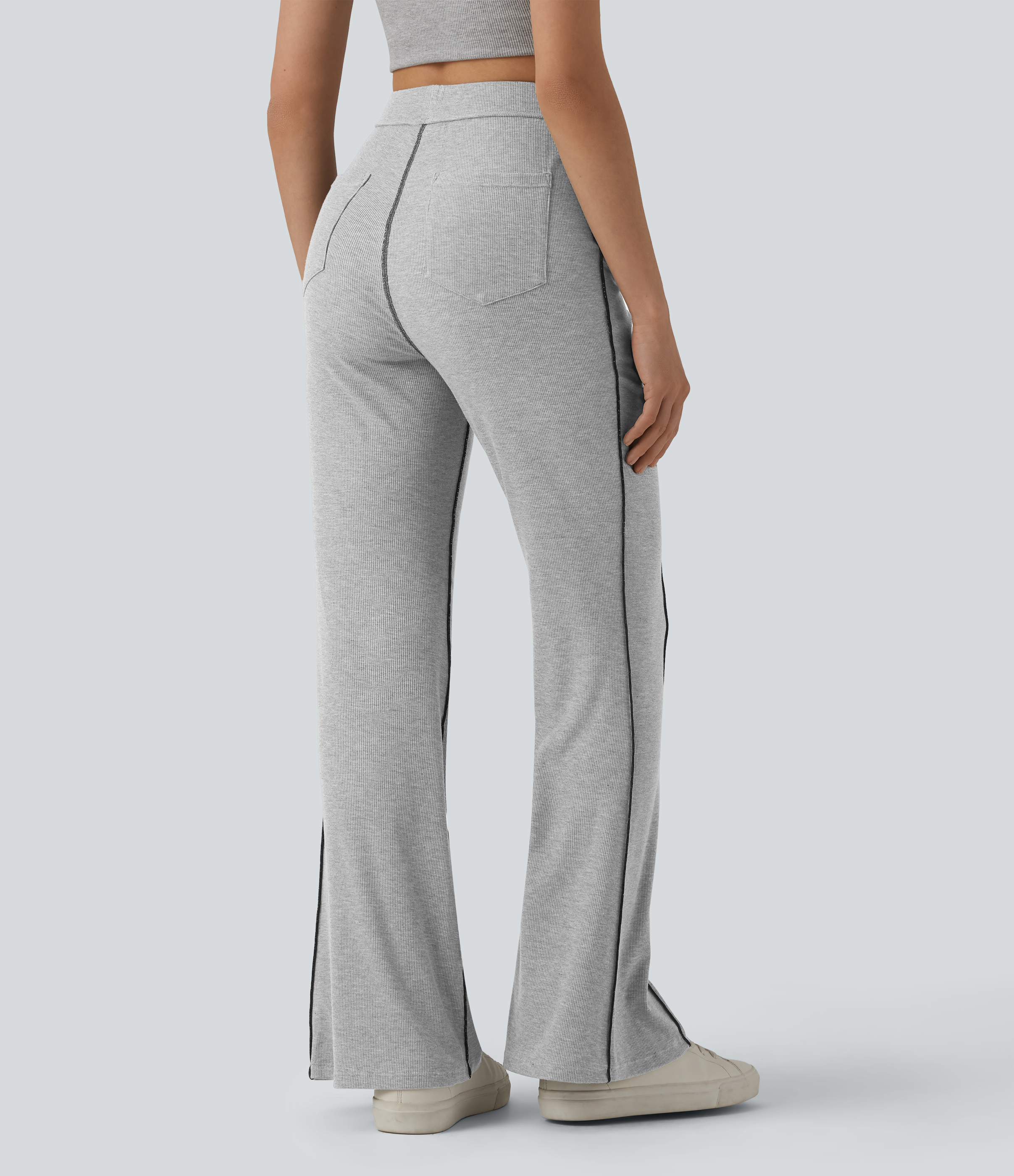 Fog Gray Lässige Flare-Leggings aus hochelastischem Rippstrick mit hohem Bund, mehreren Taschen, Farbblock-Design und Ziernähten / 2