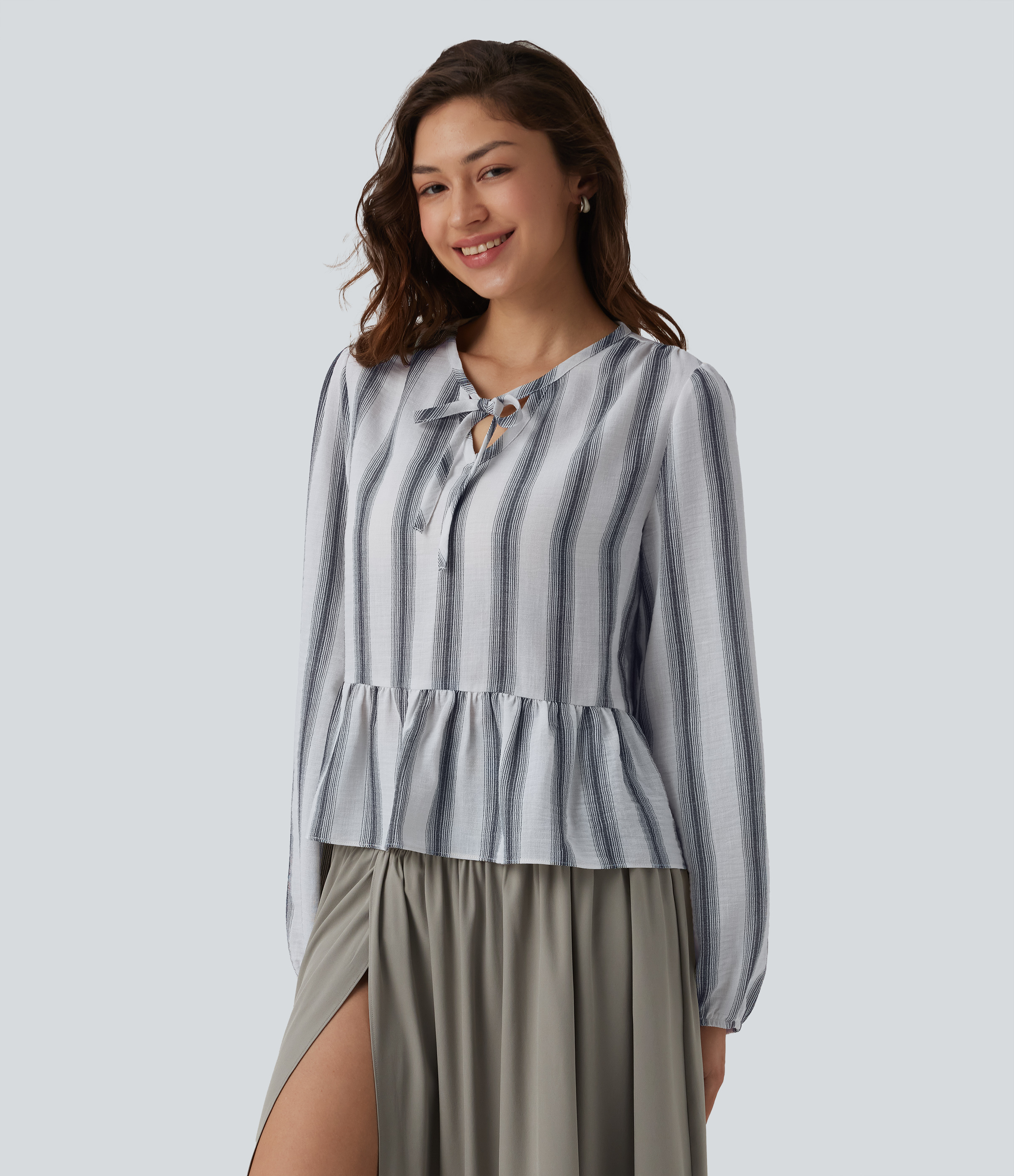 Tie Front Long Sleeve Ruffle Hem Stripe Linen-Feel Blouse