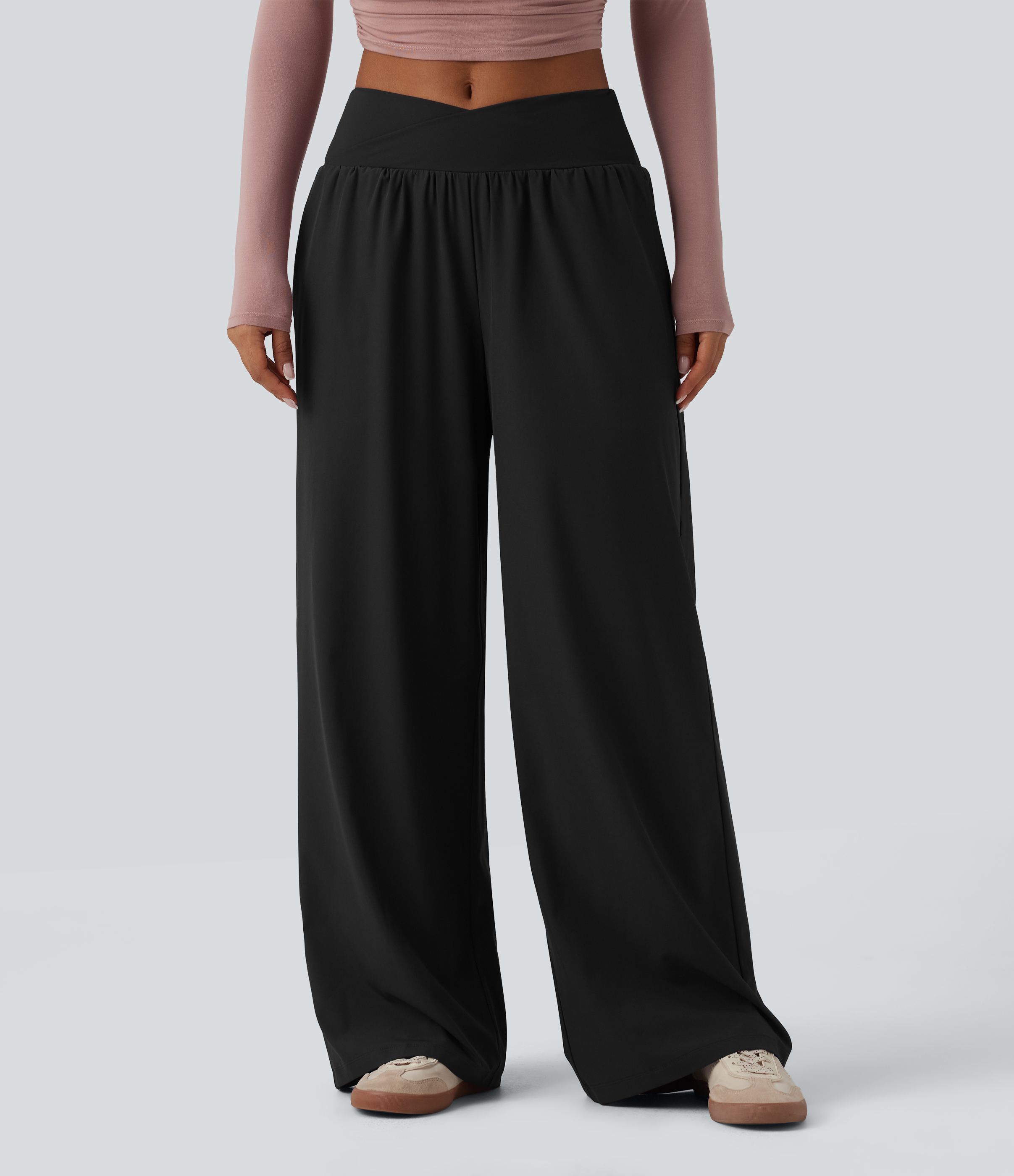 Pantalon ample décontracté taille basse croisée avec poches