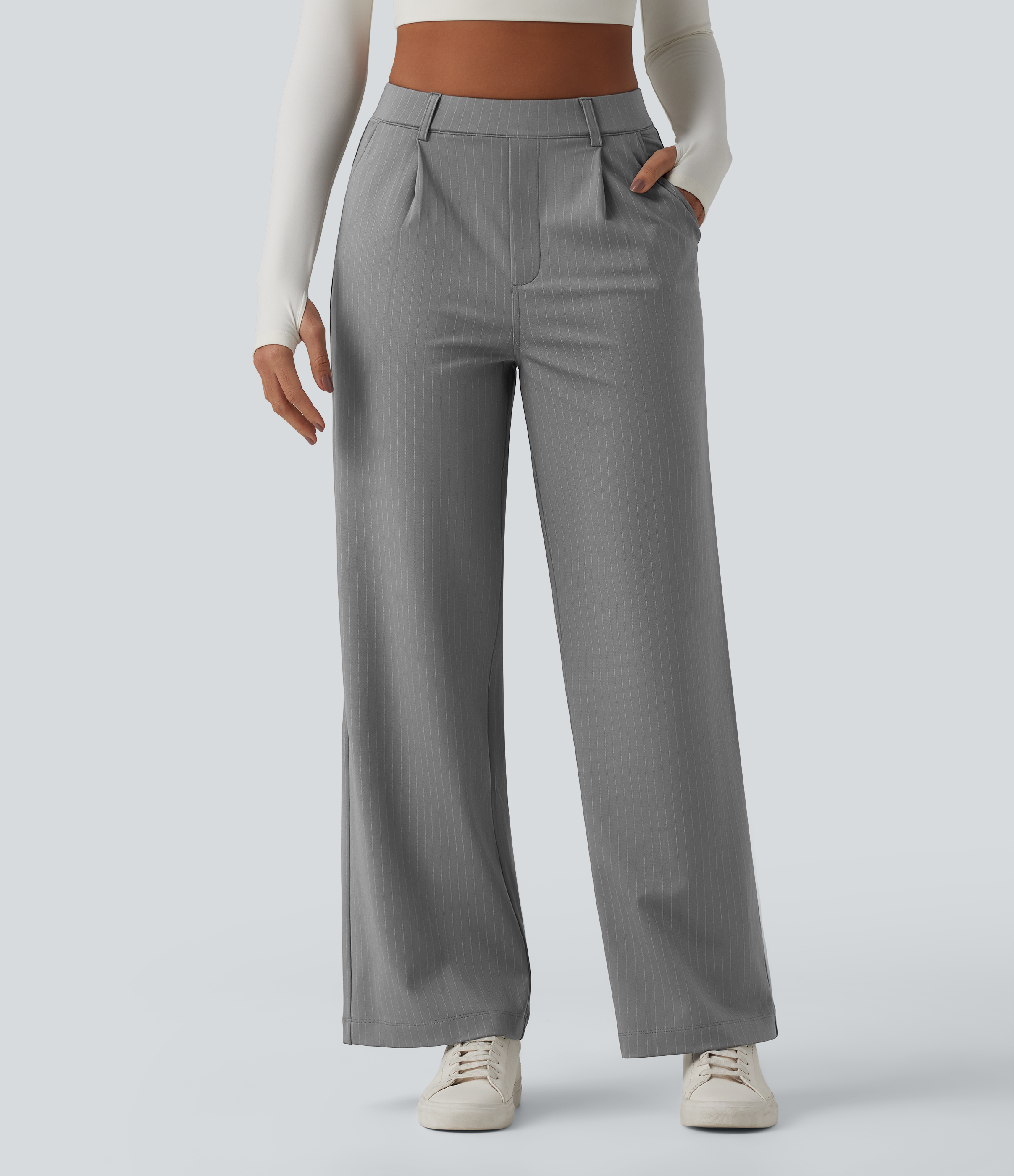 Dusk Smoke Pinstripe Pantalon tailleur droit taille haute à rayures avec poches / 2