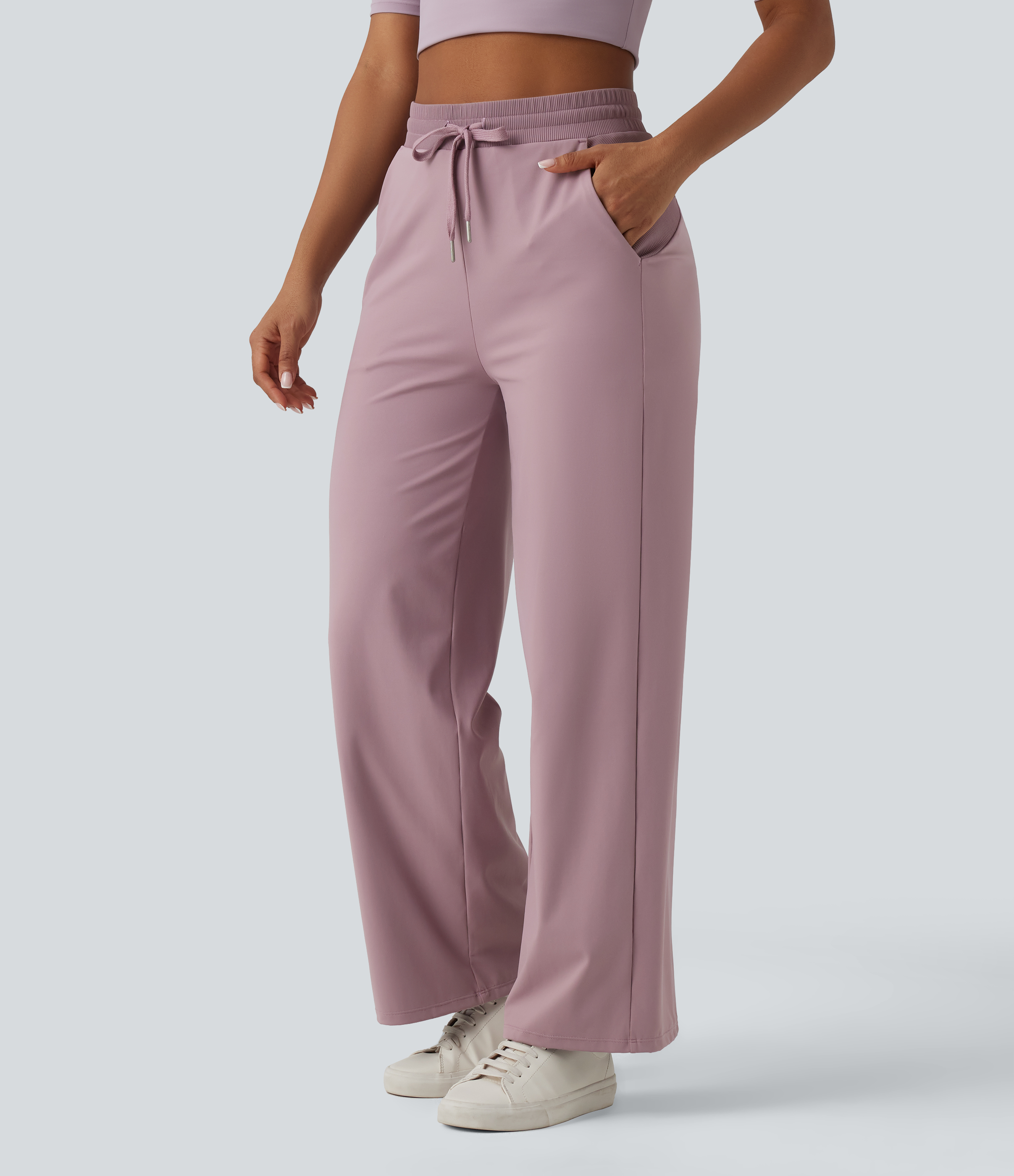 SoftlyZero™ Airy high-waisted casual wide-leg trousers with drawstring, cool-touch contrast ribbing, and pockets - UPF50+
