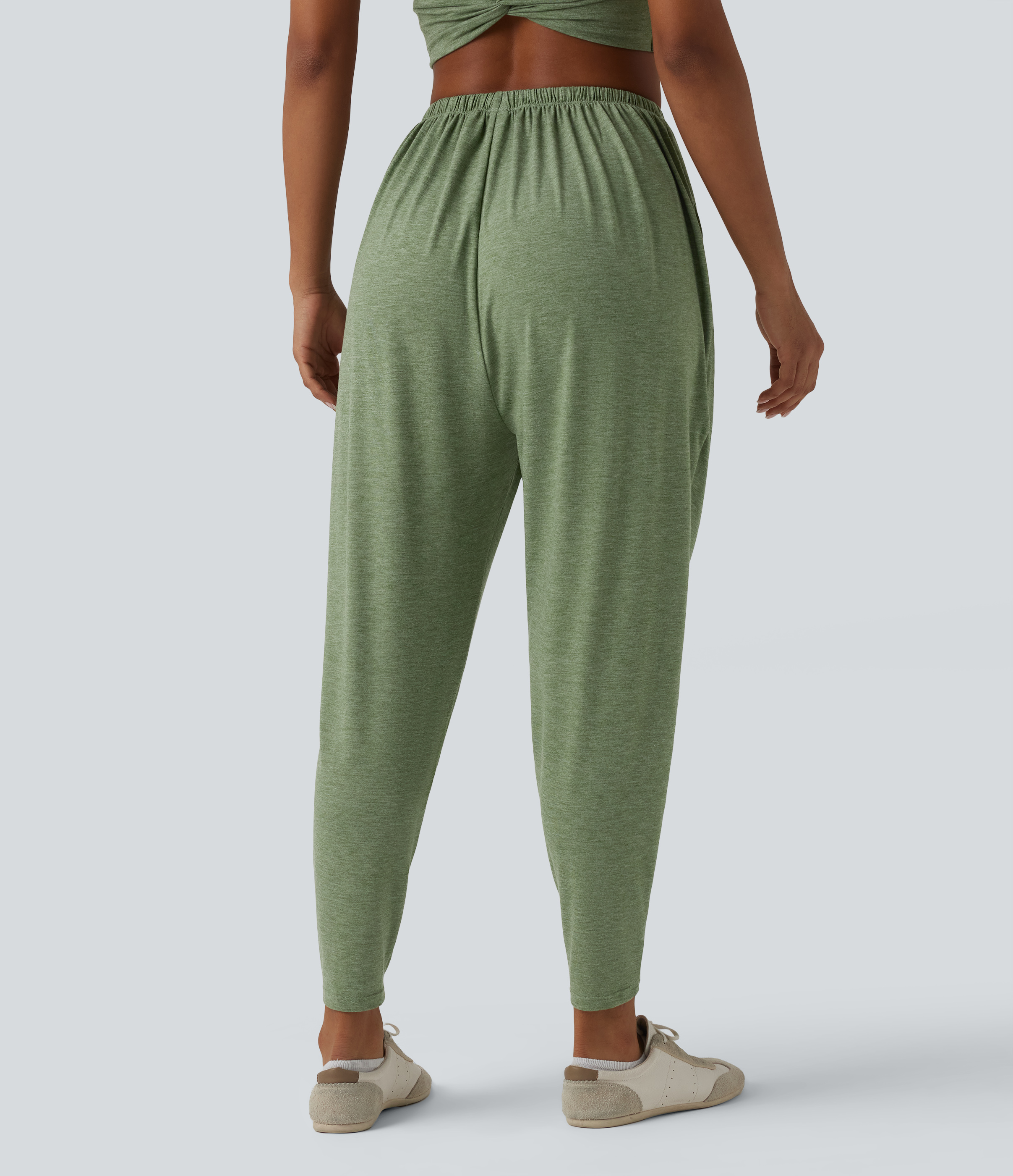 Light Green Floral Yarn High Waisted Drawstring Heathered Casual Harem Pants with Pockets / 2