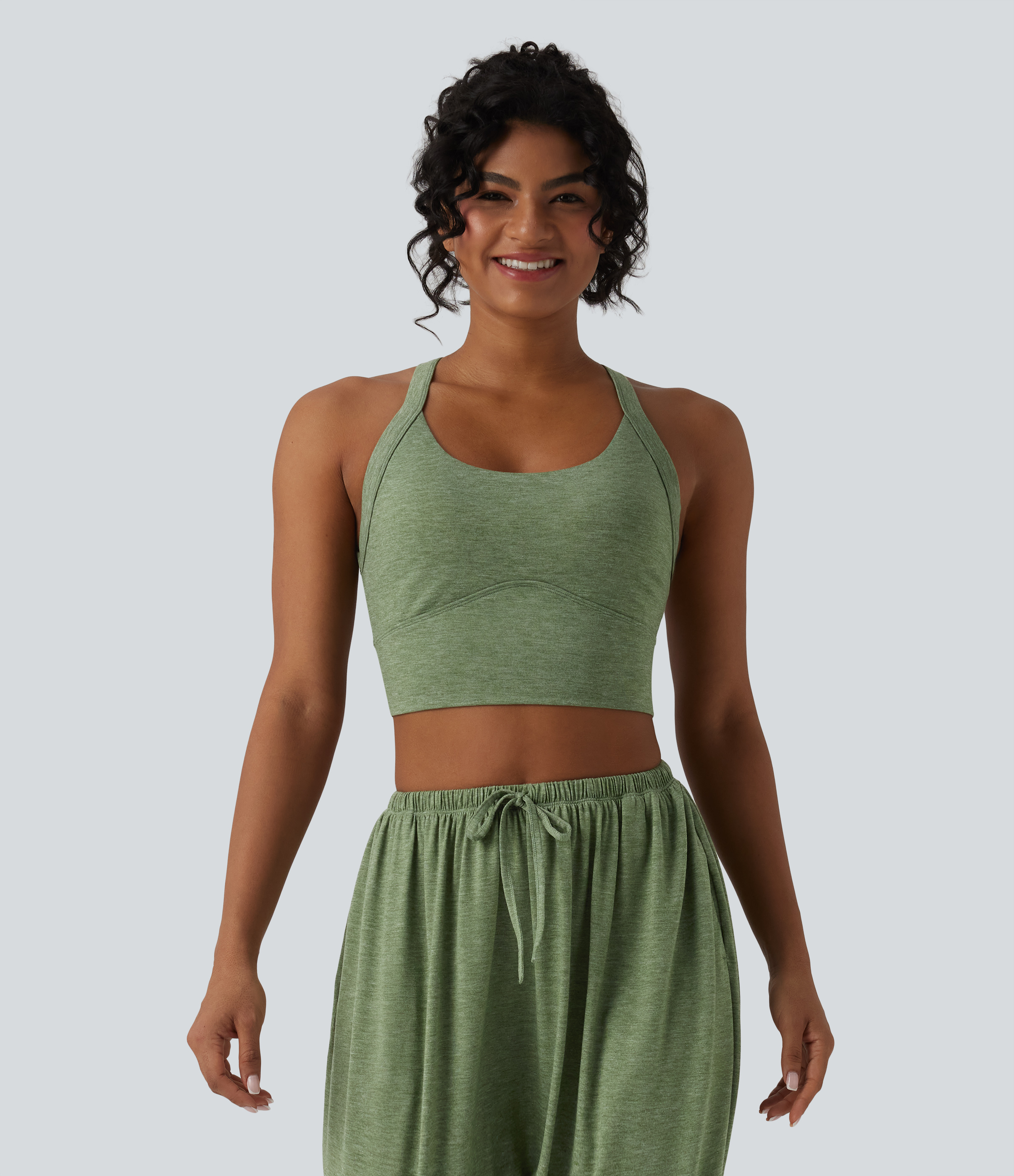 Light Green Floral Yarn Backless Twisted Adjustable Buckle Skinny Cropped Heathered Casual Tank Top / 2