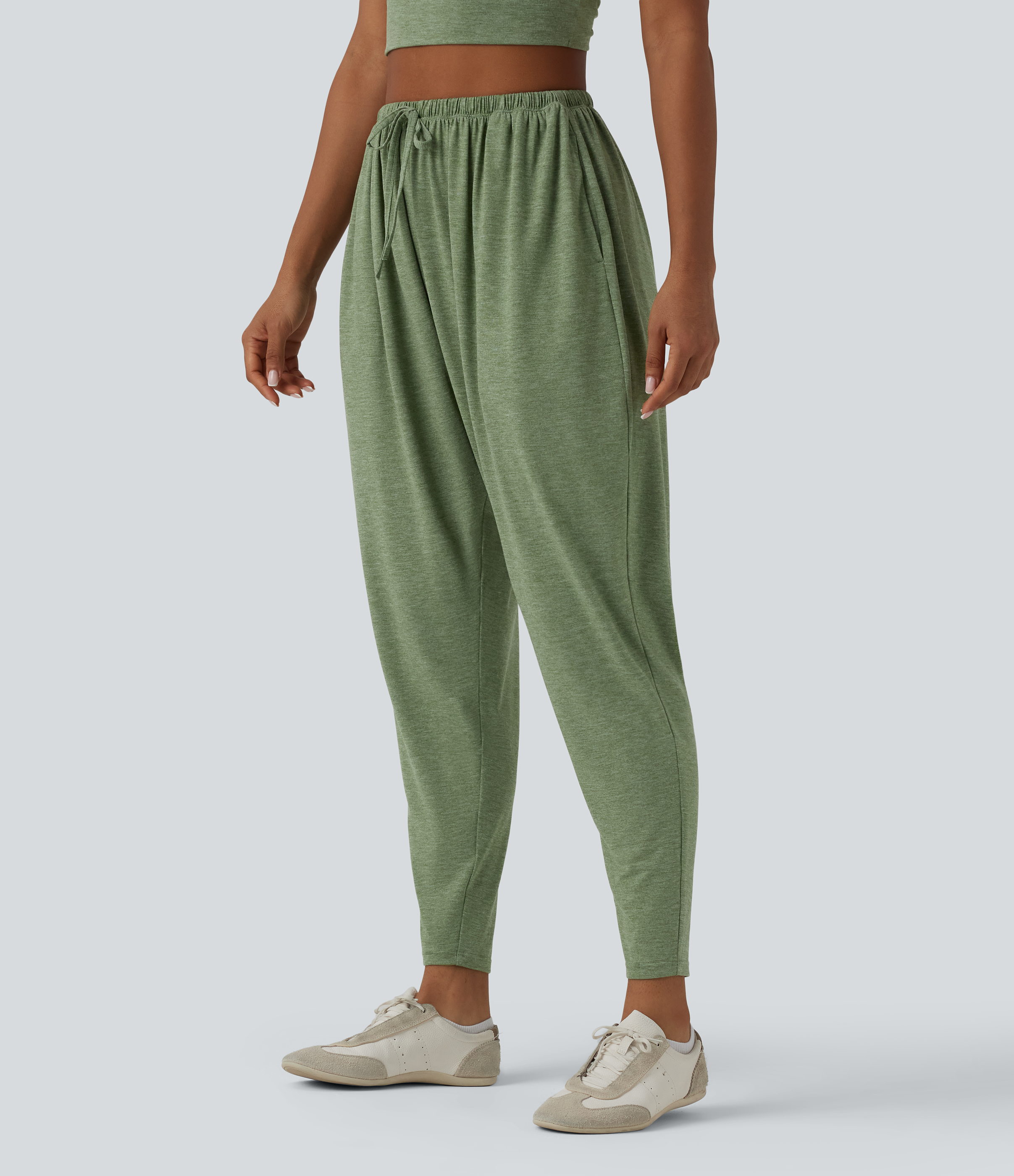 High Waisted Drawstring Heathered Casual Harem Pants with Pockets
