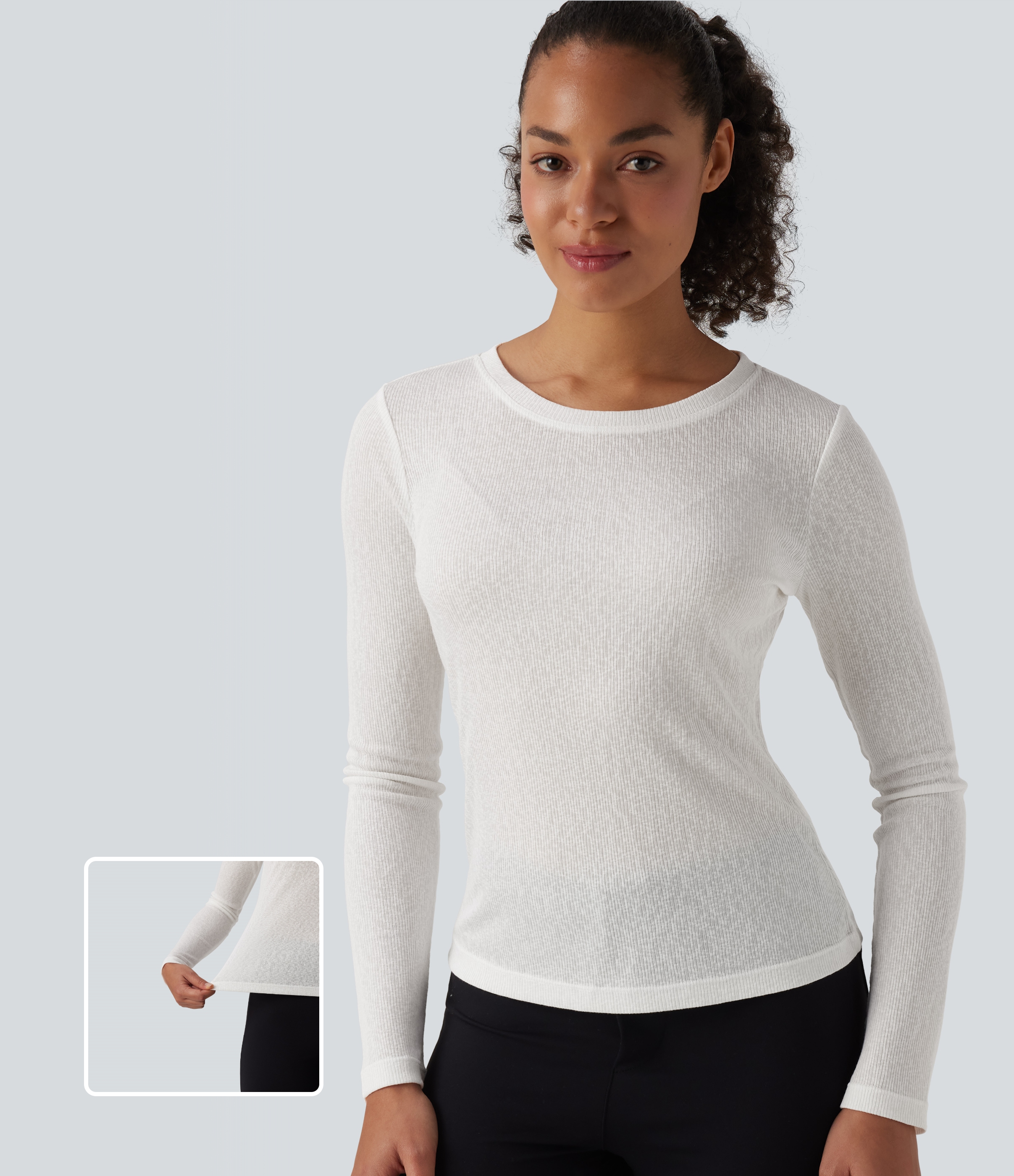 Semi Sheer Ribbed Knit Crew Neck Long Sleeve Casual T-Shirt