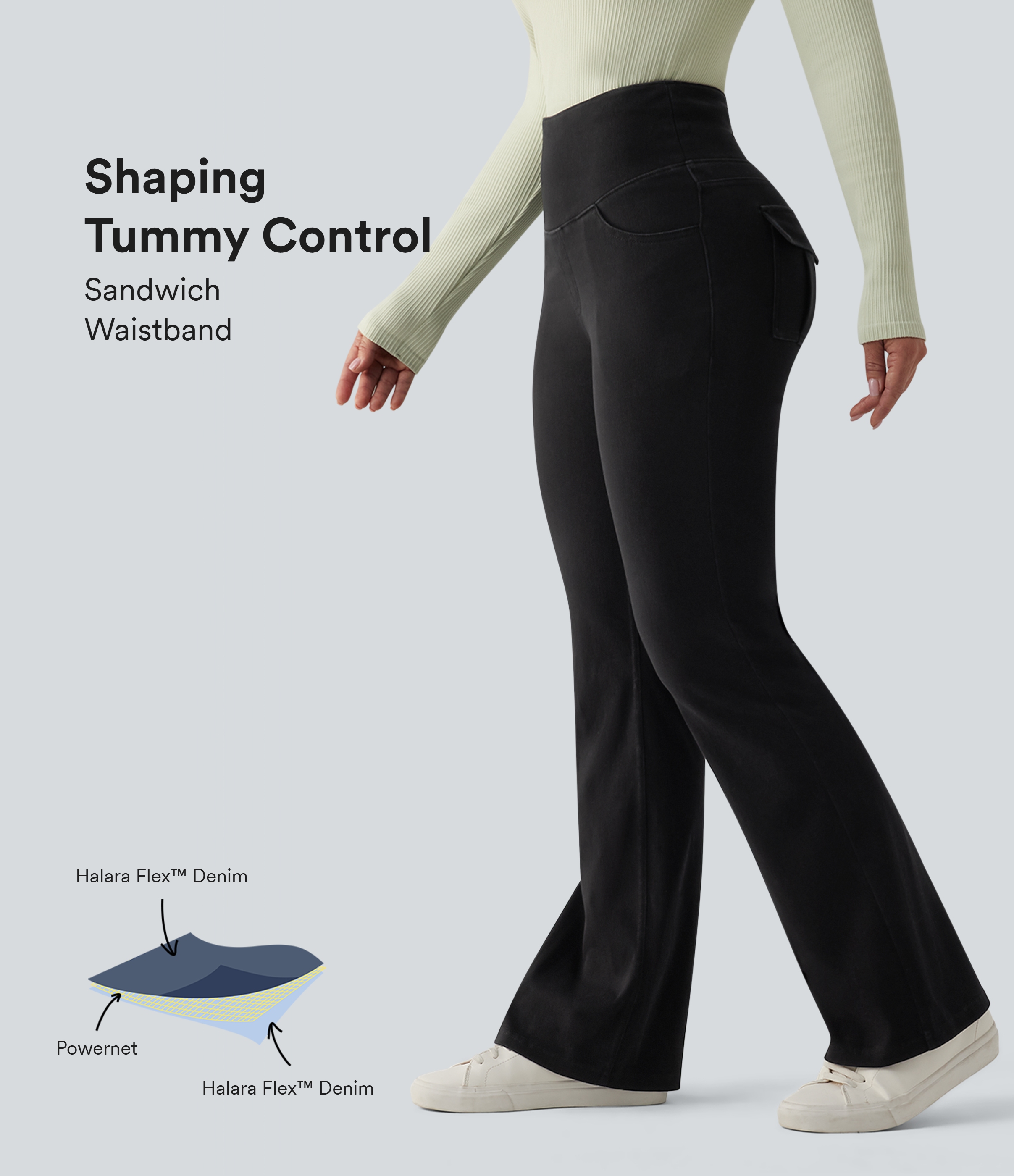 Halara Flex™ - Lässige Flare-Jeans mit hohem Bund, mehreren Taschen und Bauchkontrolle