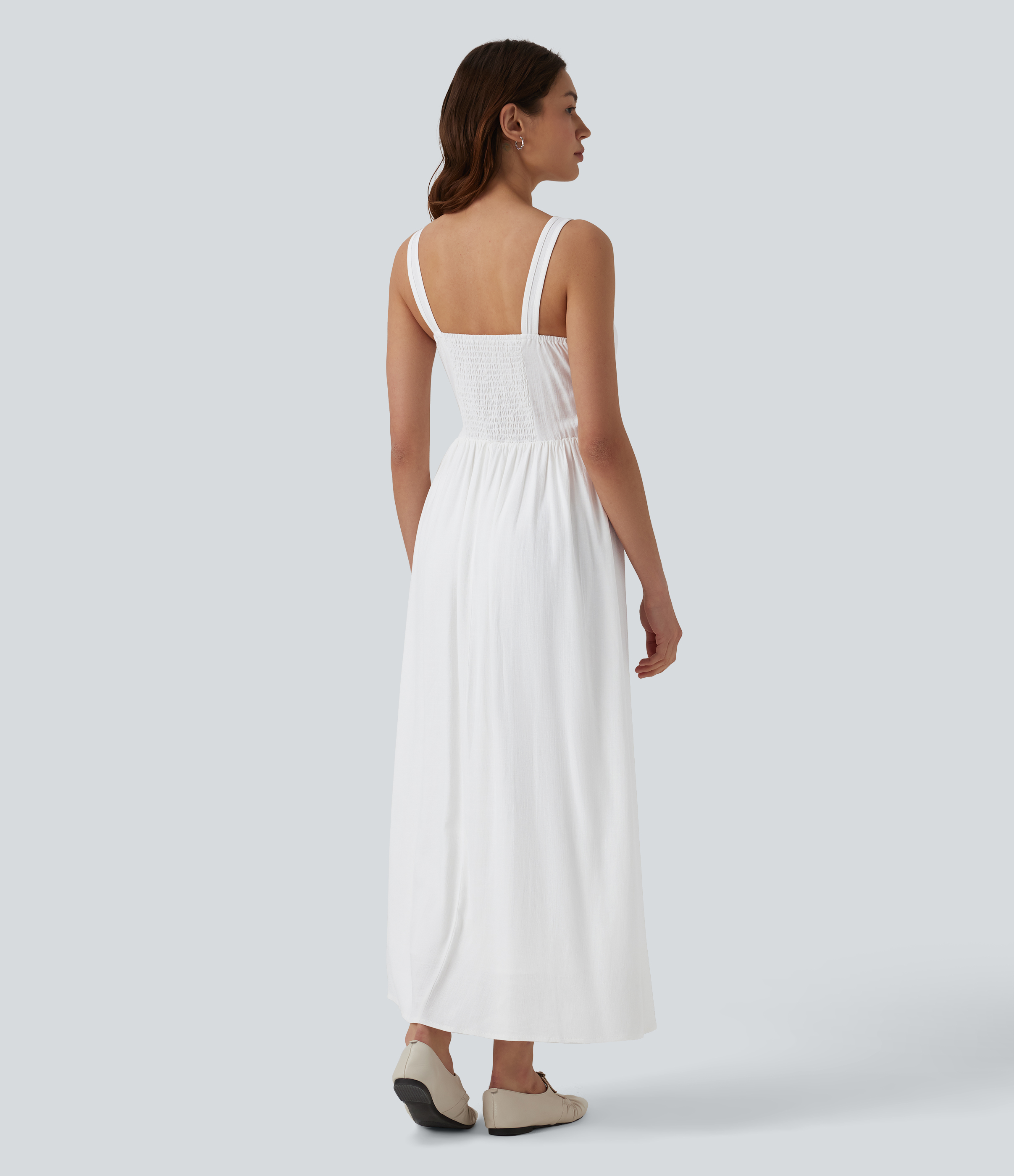 White U Neck Tie Front Corset Midi Casual Linen-Feel Milkmaid Dress / 2