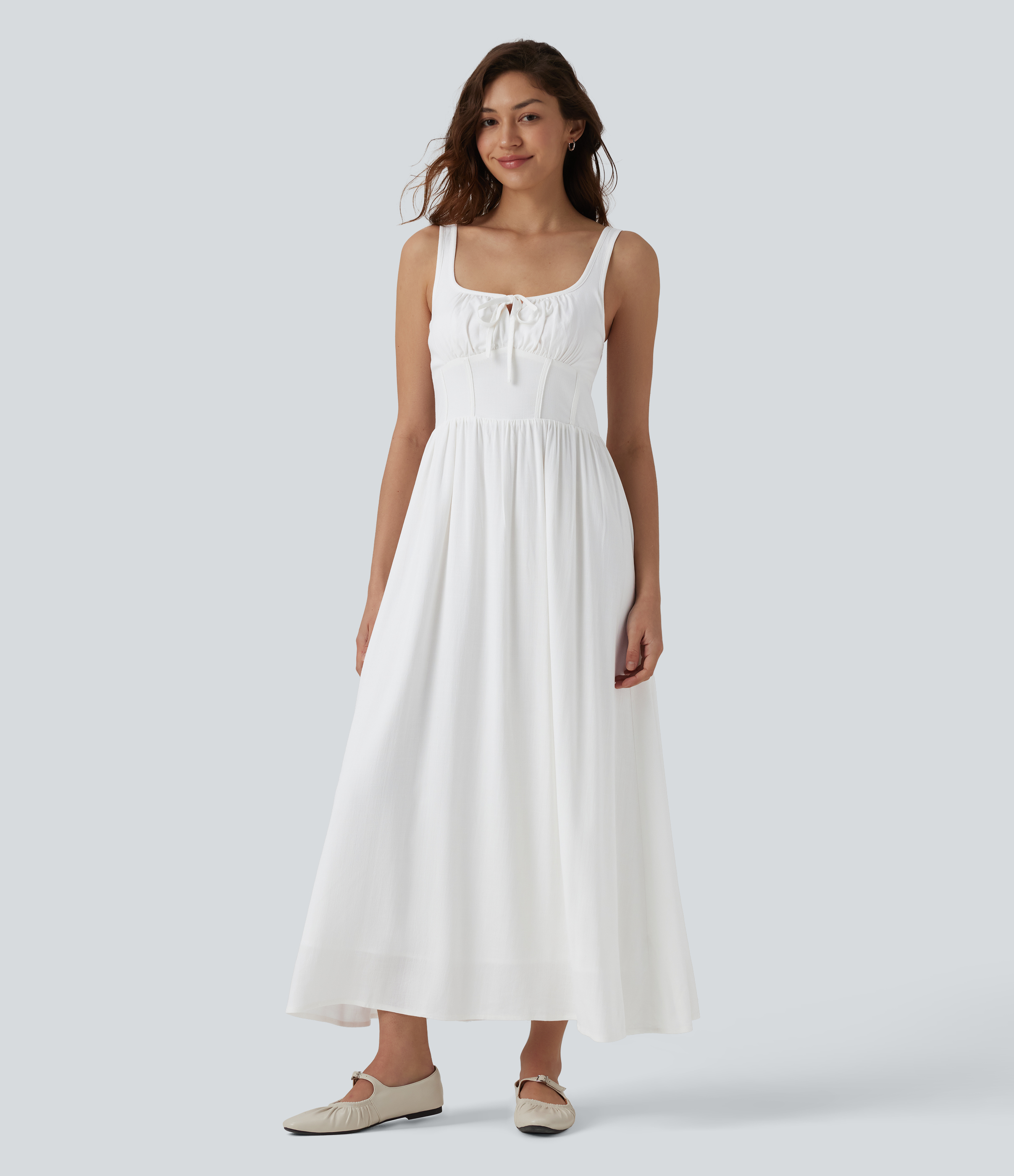 U Neck Tie Front Corset Midi Casual Linen-Feel Dress