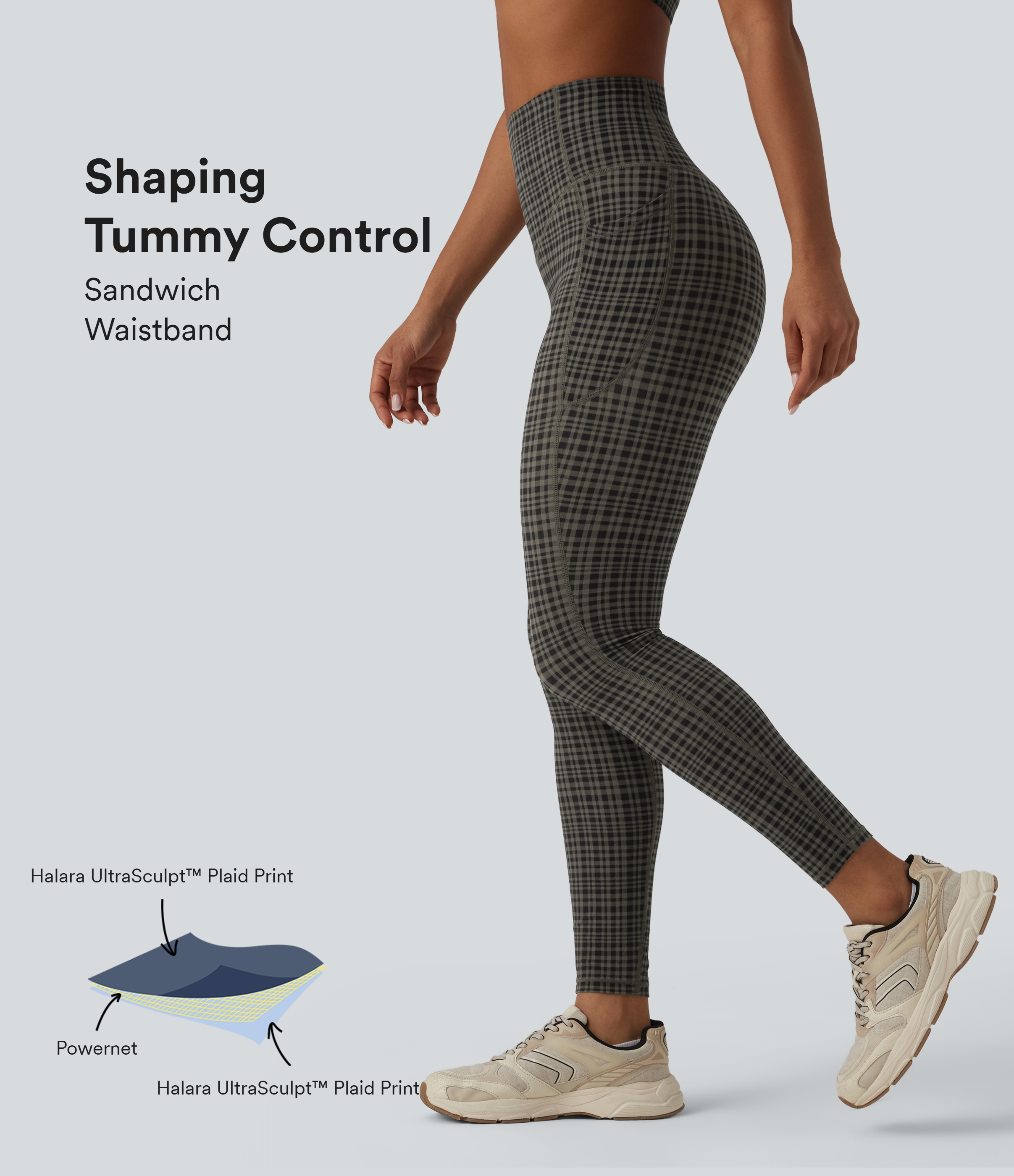 Halara UltraSculpt™ Plaid Print High Waisted Tummy Control Running Leggings with Pockets