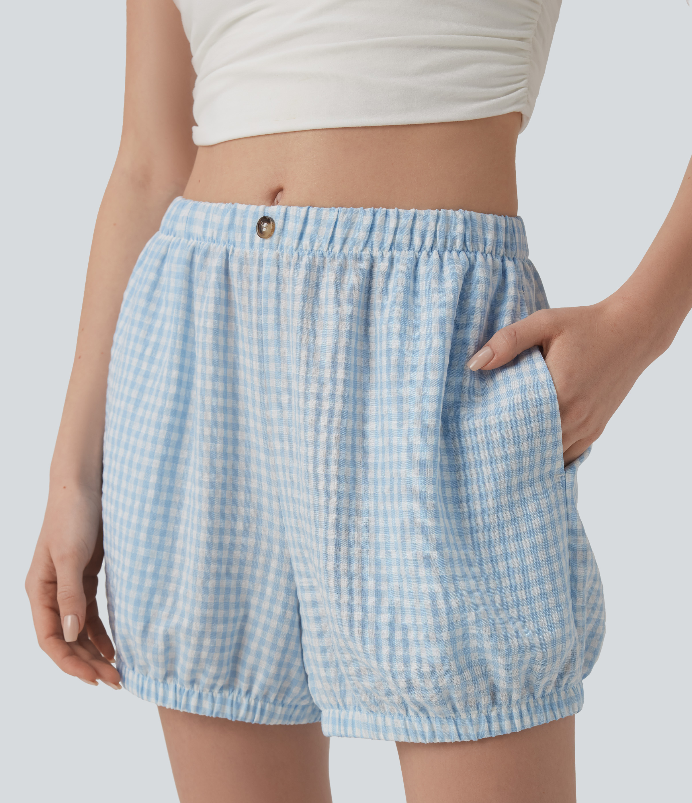 Lässige Shorts in Leinenoptik mit mittelhohem Bund, Seitentaschen und Karomuster