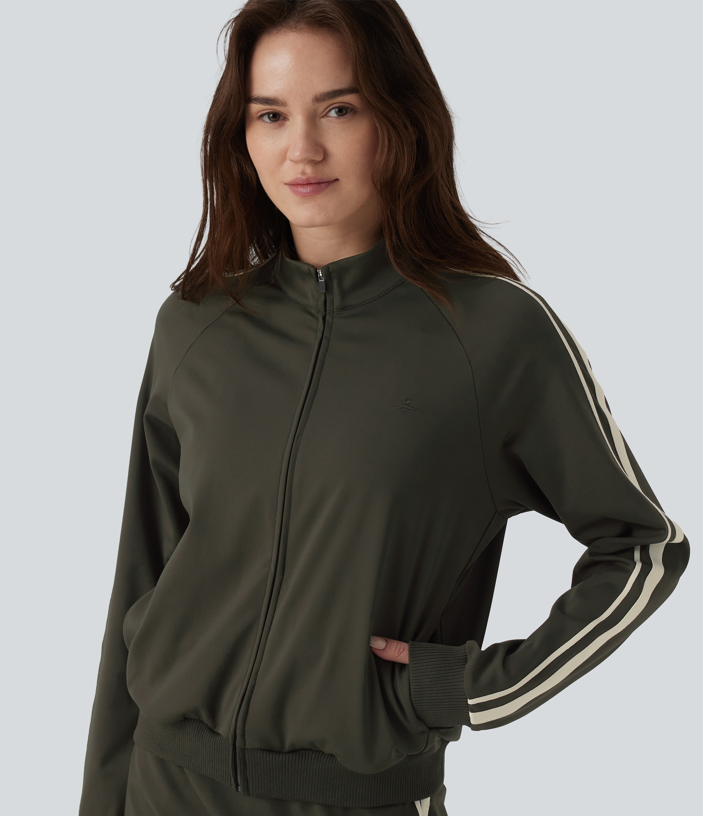 DayStretch Stand Collar Color Block Stripes Workout Jacket with Pockets