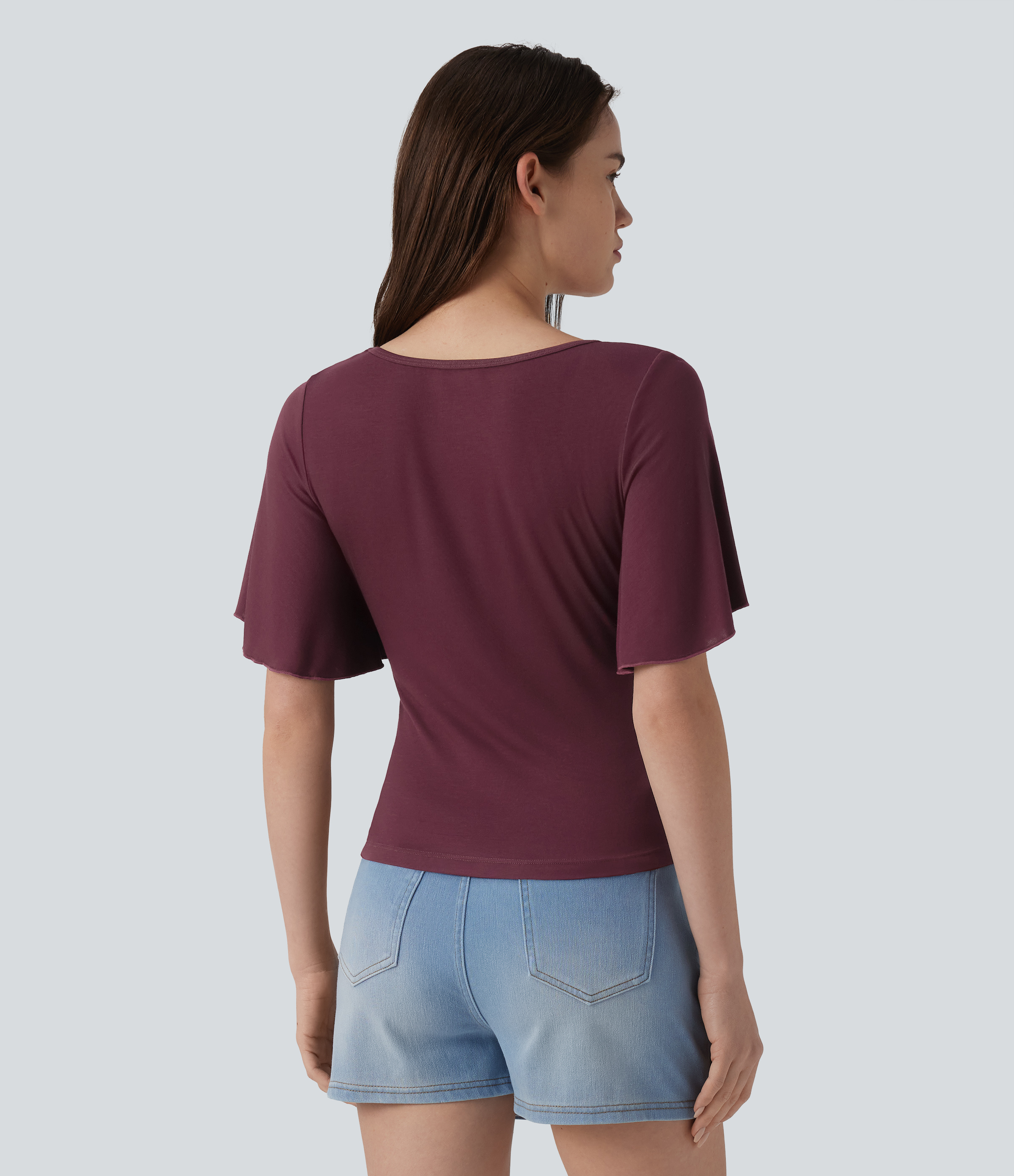 Maroon Banner T-shirt décontracté côtelé à encolure carrée, manches papillon et fronces / 2