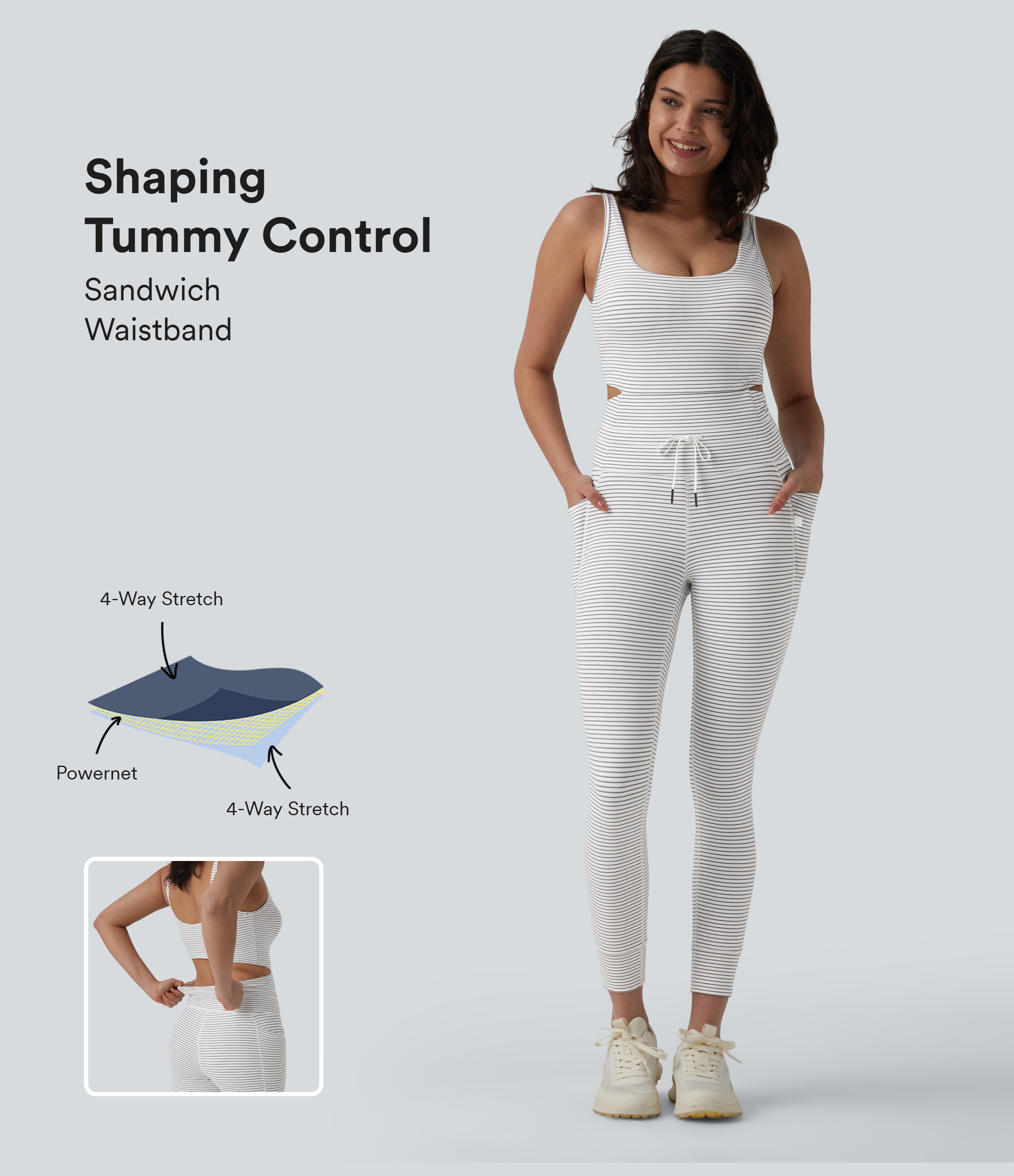 U Neck Cut Out Drawstring Tummy Control Stripe Yoga Jumpsuit with Pockets-Easy Peezy Edition