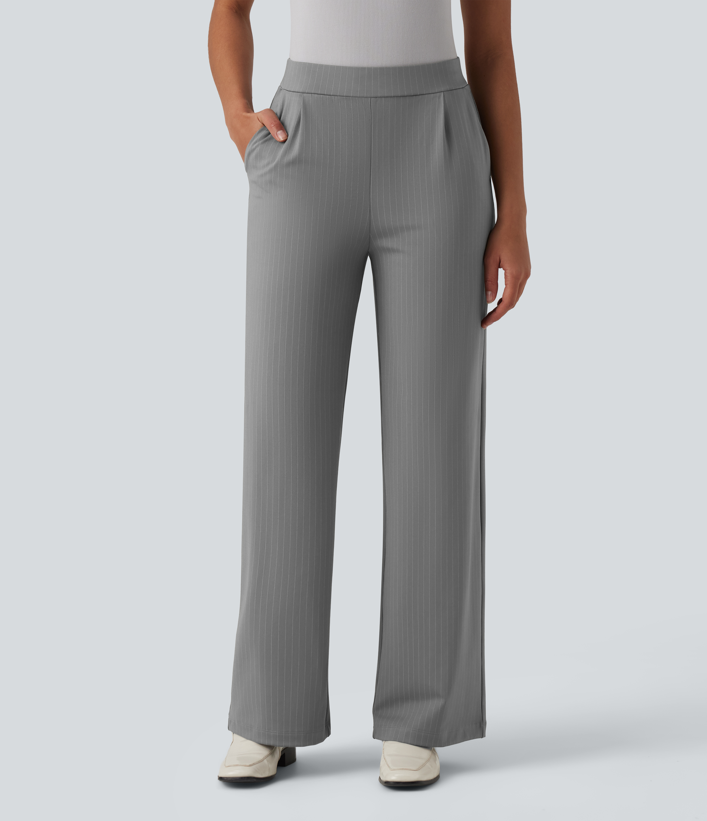 High Waisted Stripes Work Wide Leg Pants with Pockets