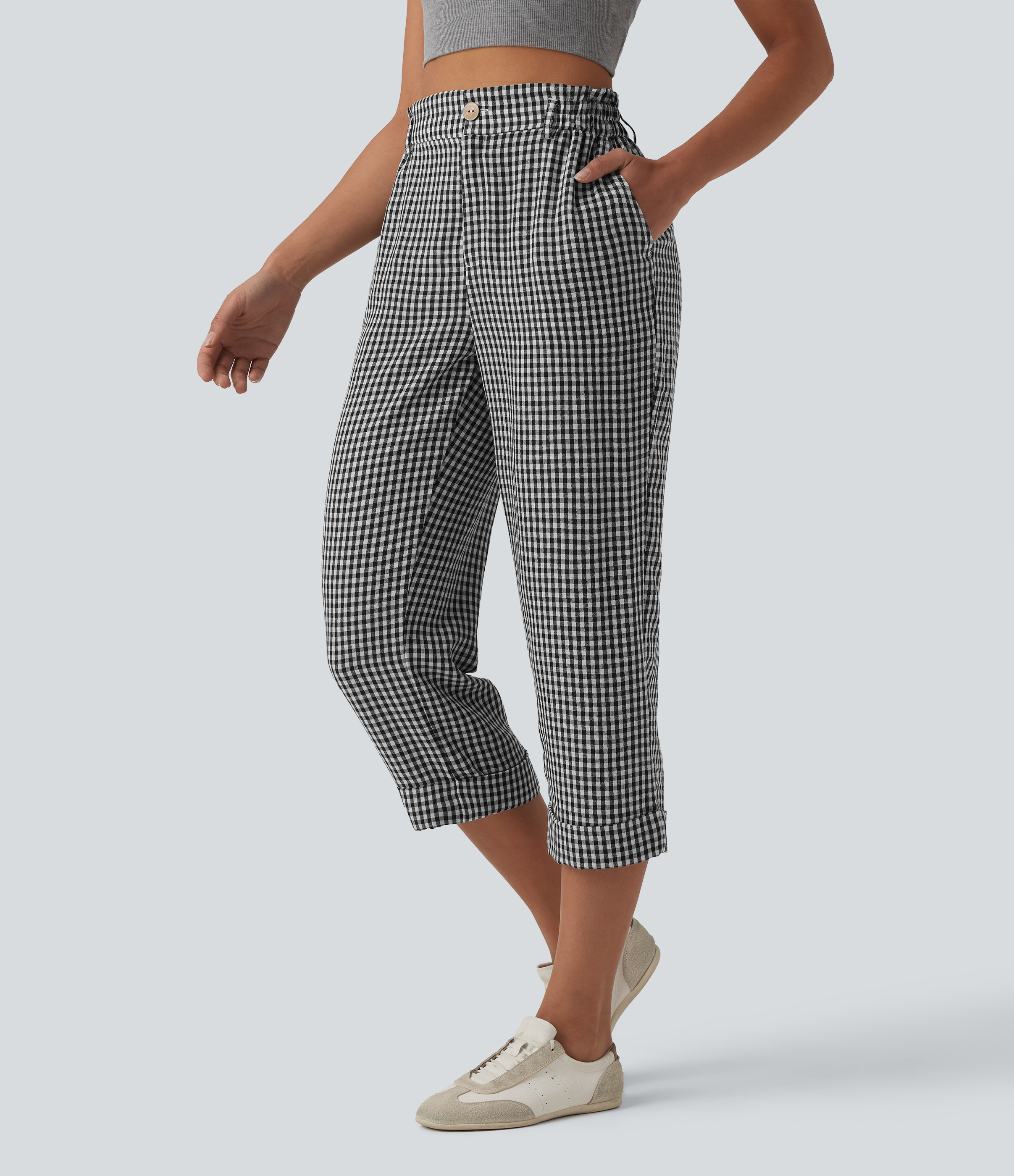 Pantalon 7/8 décontracté aspect lin à carreaux taille haute avec poches