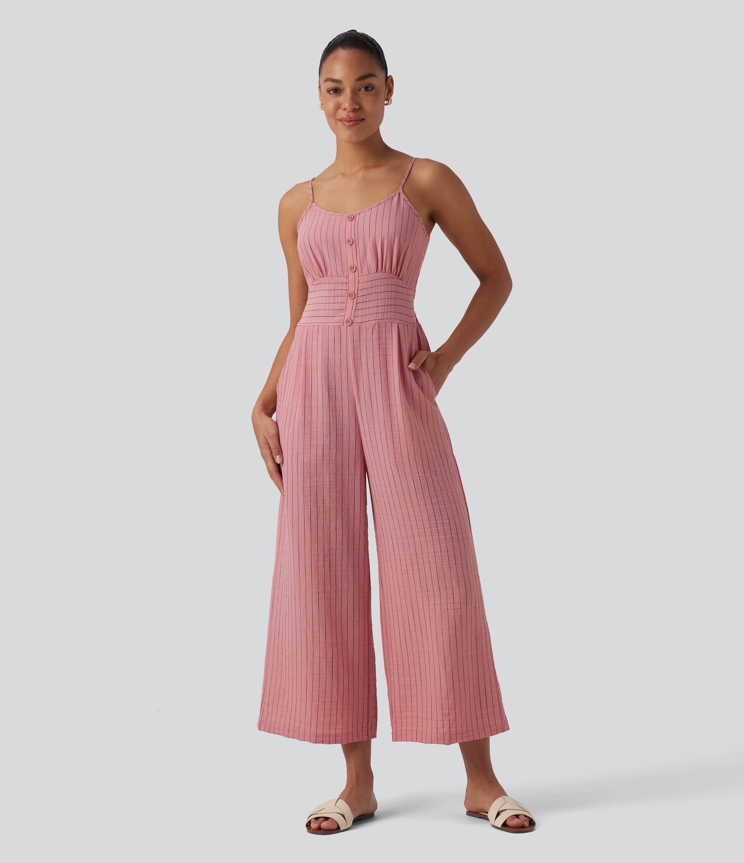 Candy Pink Black Yarn Dye Stripes Jumpsuit in Leinenoptik mit Seitentaschen, Streifen, Cut-Out-Design und Bindeband hinten  / 2