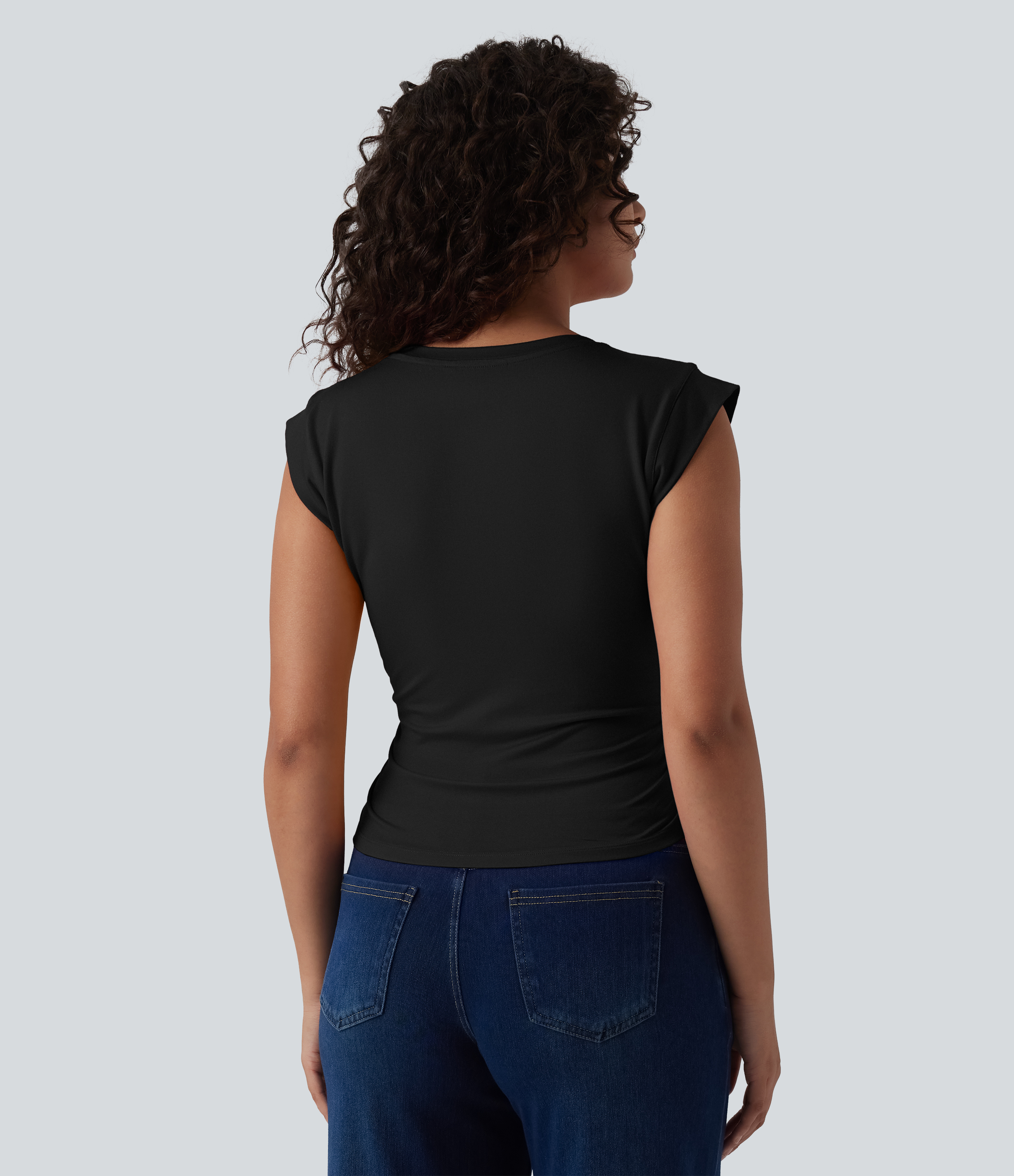 Black V Neck Cap Sleeve Curved Hem Ruched Casual T-Shirt / 2