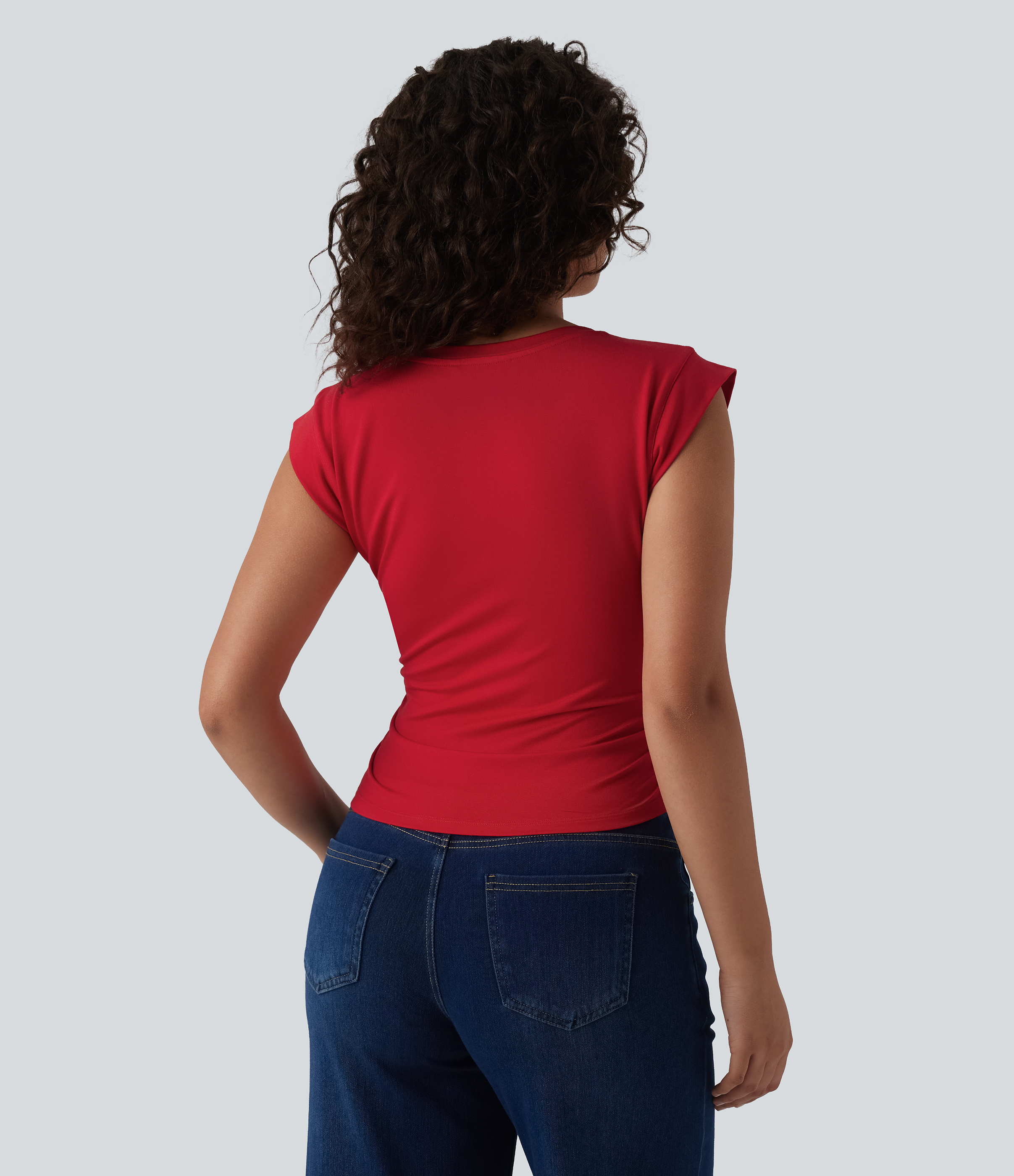 Haute Red V Neck Cap Sleeve Curved Hem Ruched Casual T-Shirt / 2