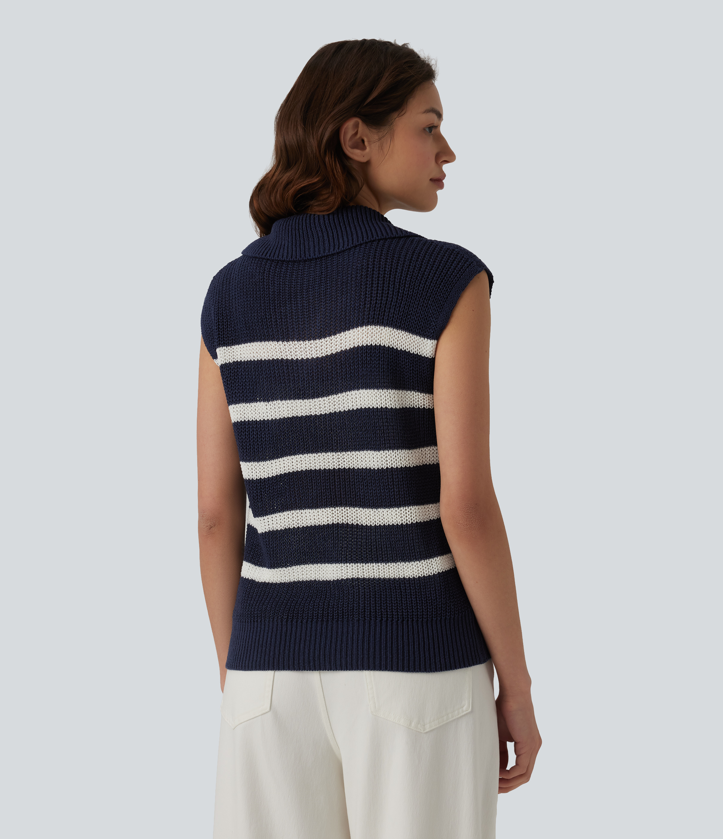 Blue White Horizontal Stripe Jersey casual sin mangas a rayas con media cremallera / 2