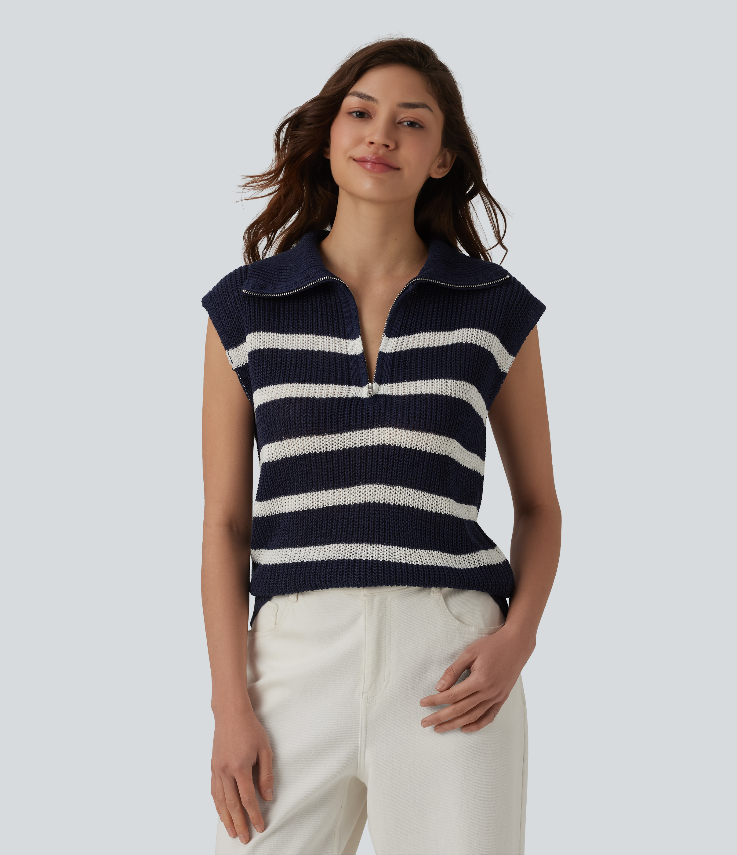 Half Zip Sleeveless Stripe Casual Sweater