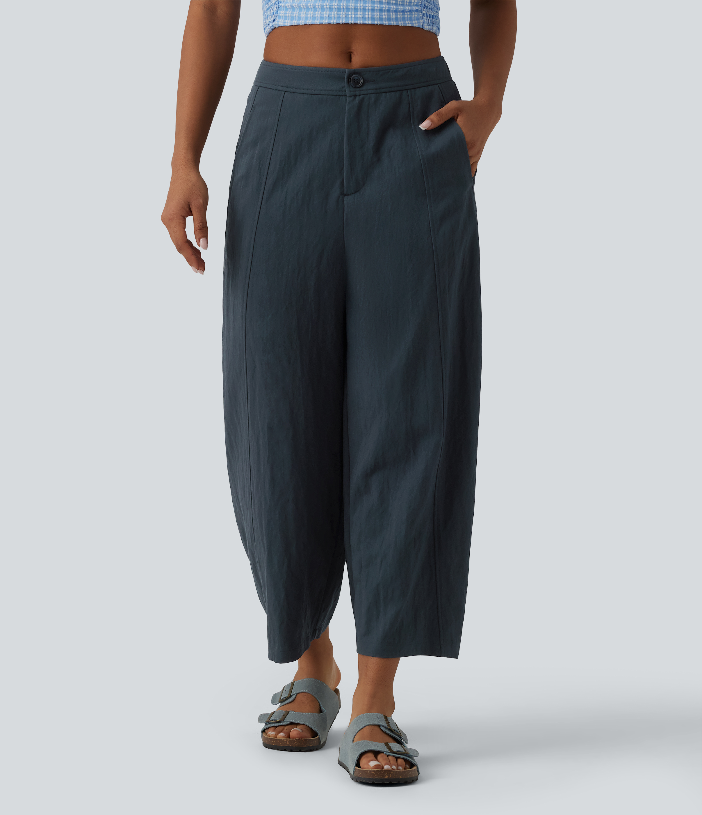 Pantalon barrel casual coupe tonneau taille mi-haute avec poches