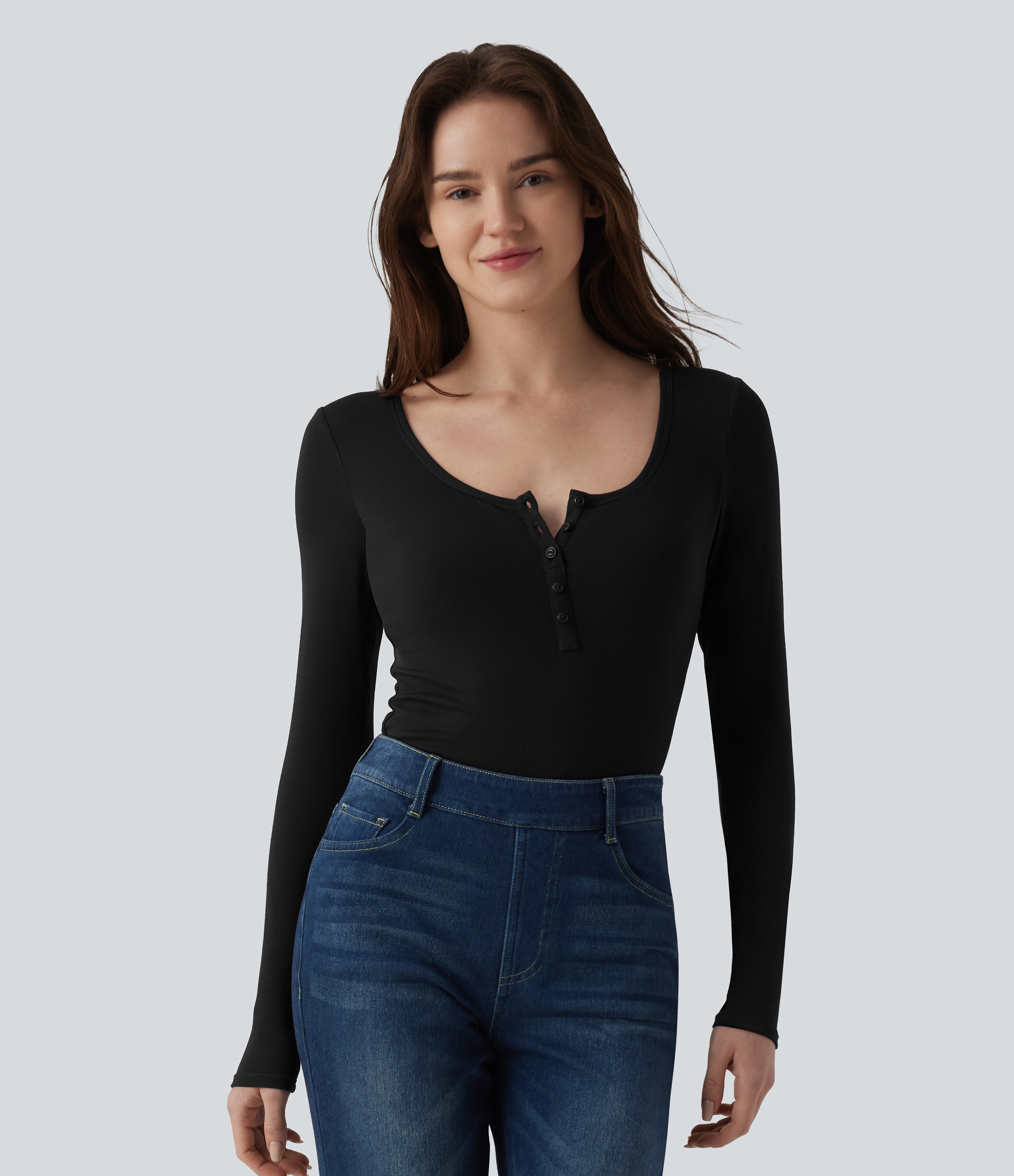 Black Ribbed Henley Neck Long Sleeve Slim Casual T-Shirt / 1