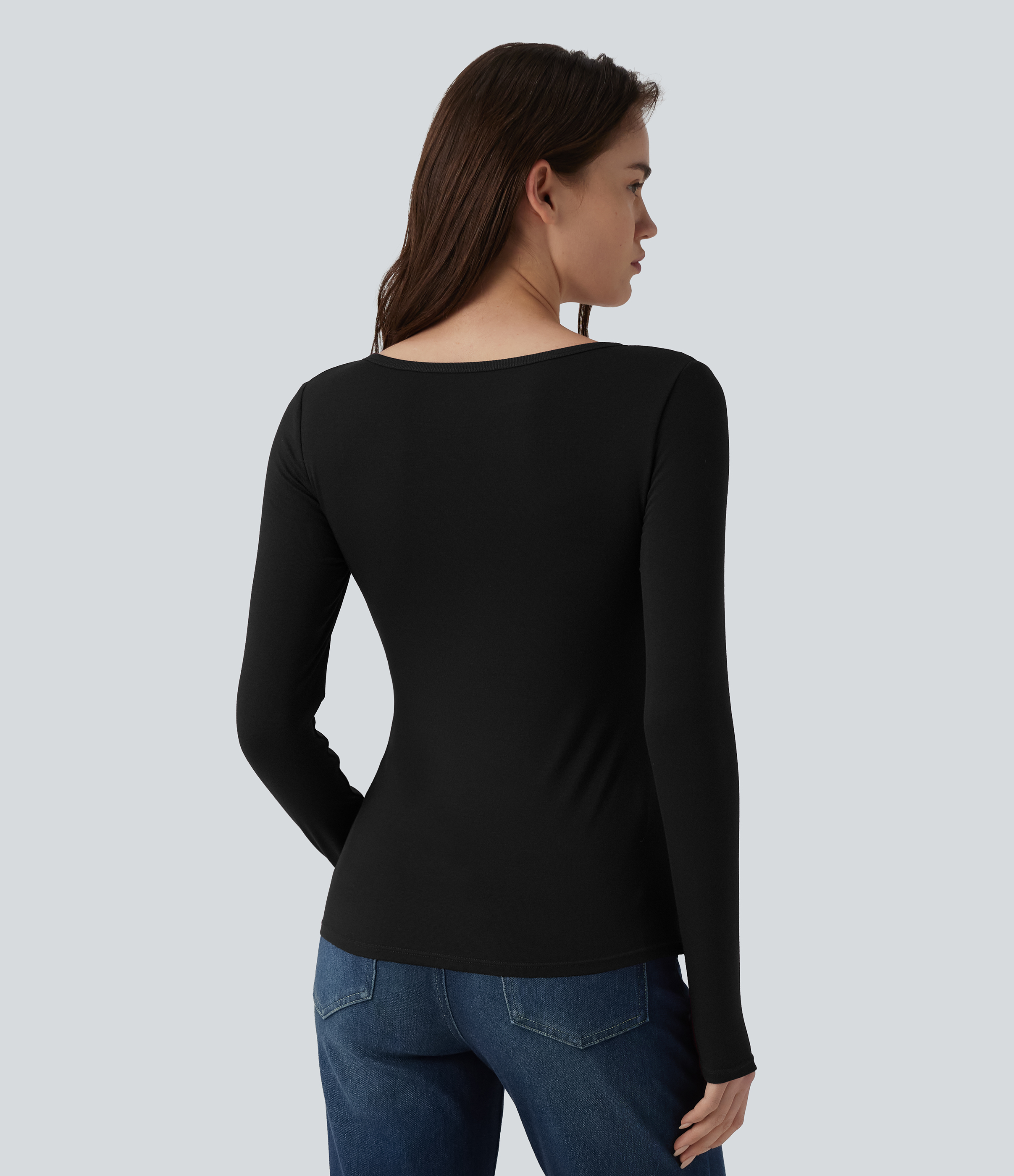 Black Ribbed Henley Neck Long Sleeve Slim Casual T-Shirt / 2