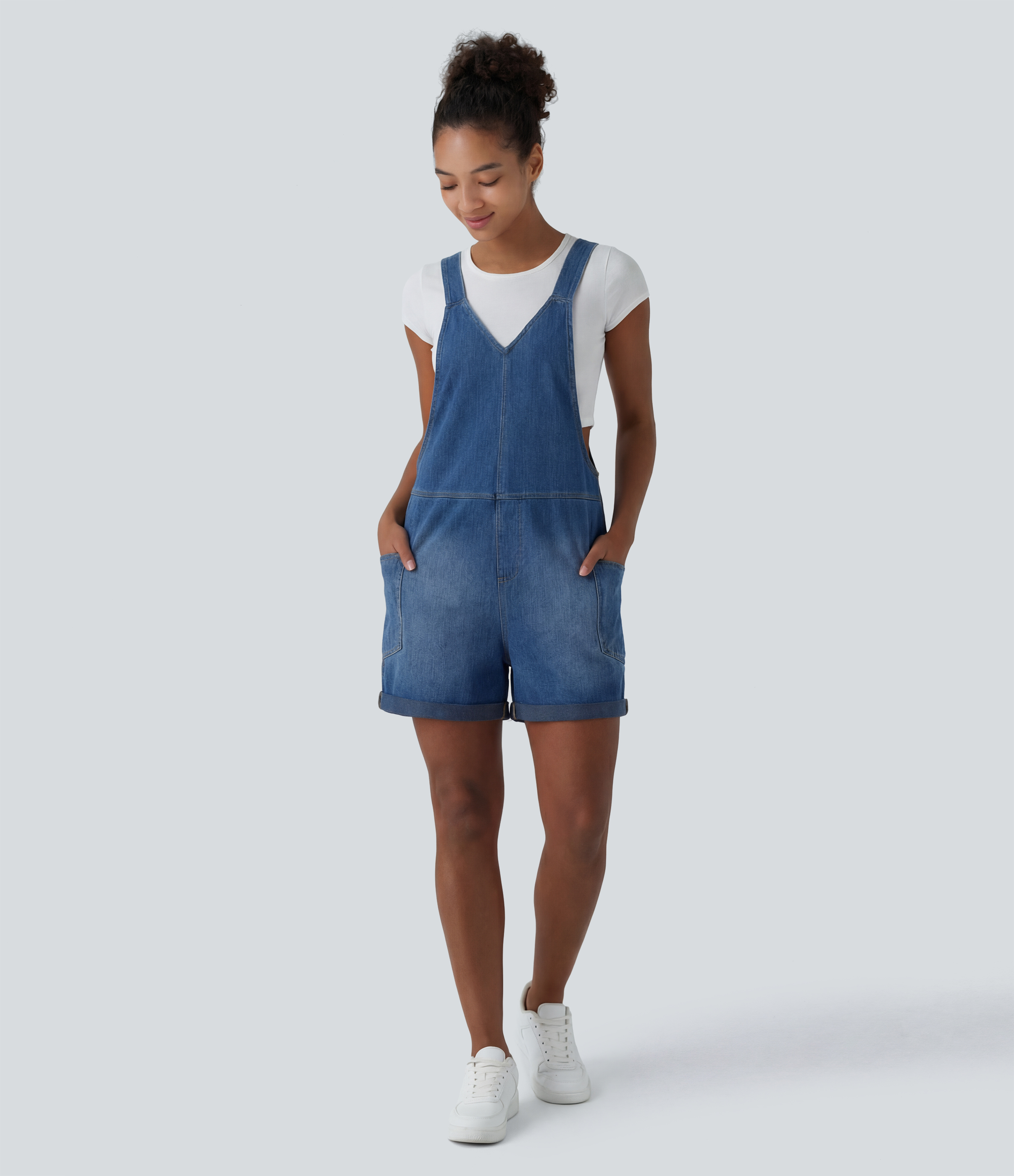 Halara Flex™ V Neck Rolled Hem Washed Denim Casual Short Overalls with Pockets