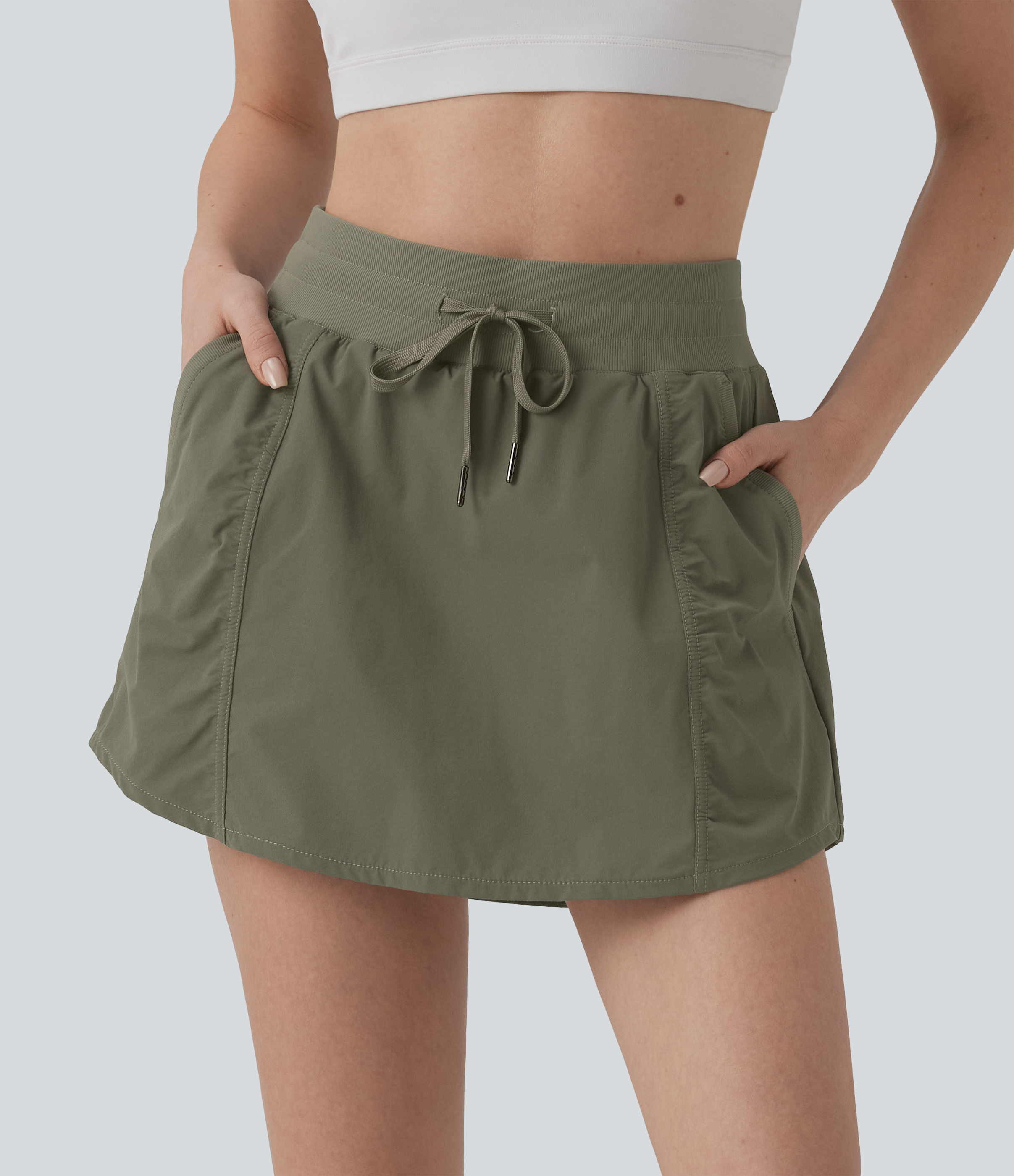 High Waisted Drawstring Mini 2-in-1 Workout A-line Skirt with Pockets