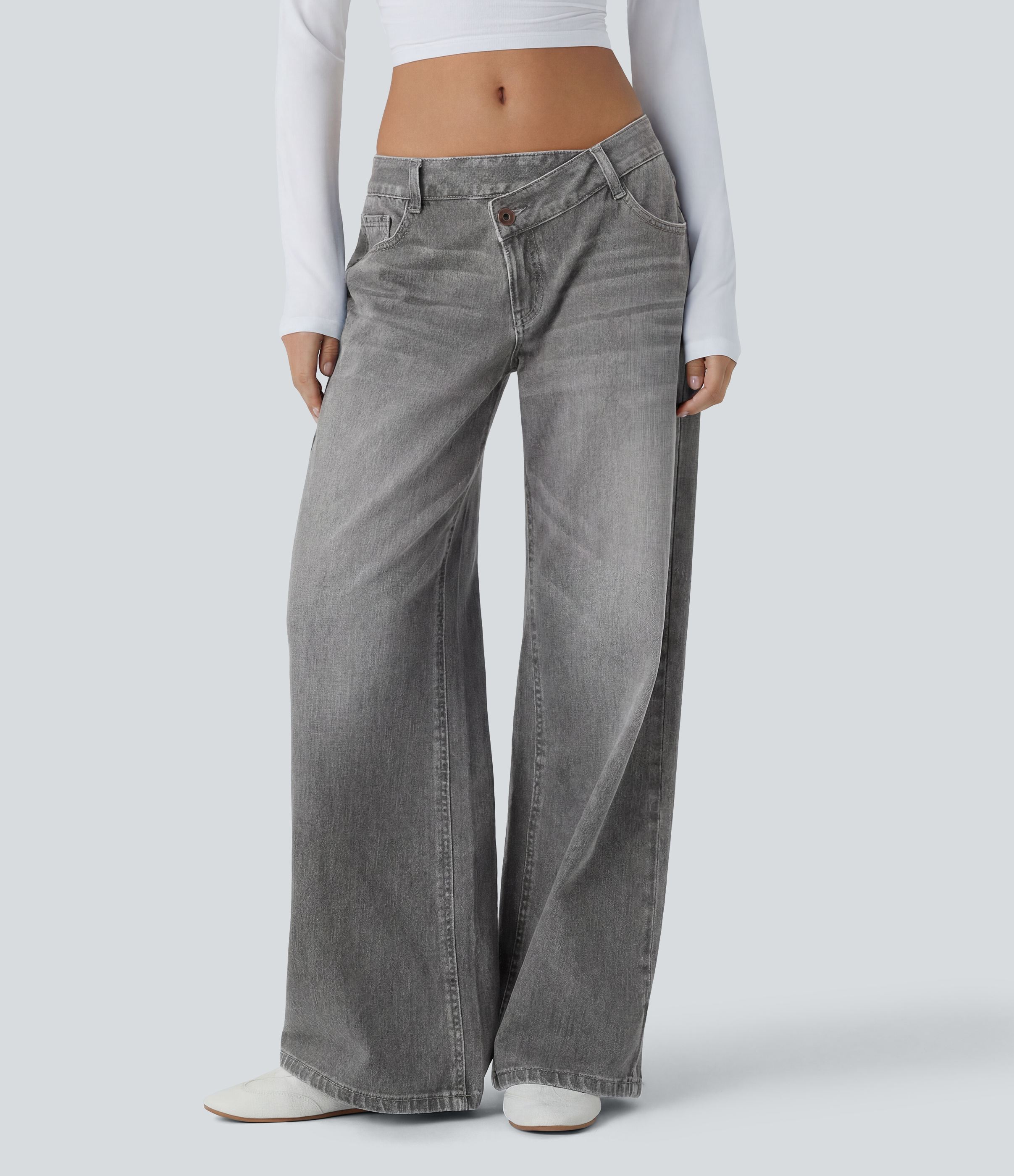 Halara Flex™ Asymmetric Low Rise Zipper Pockets Baggy Wide Leg Washed Casual Jeans