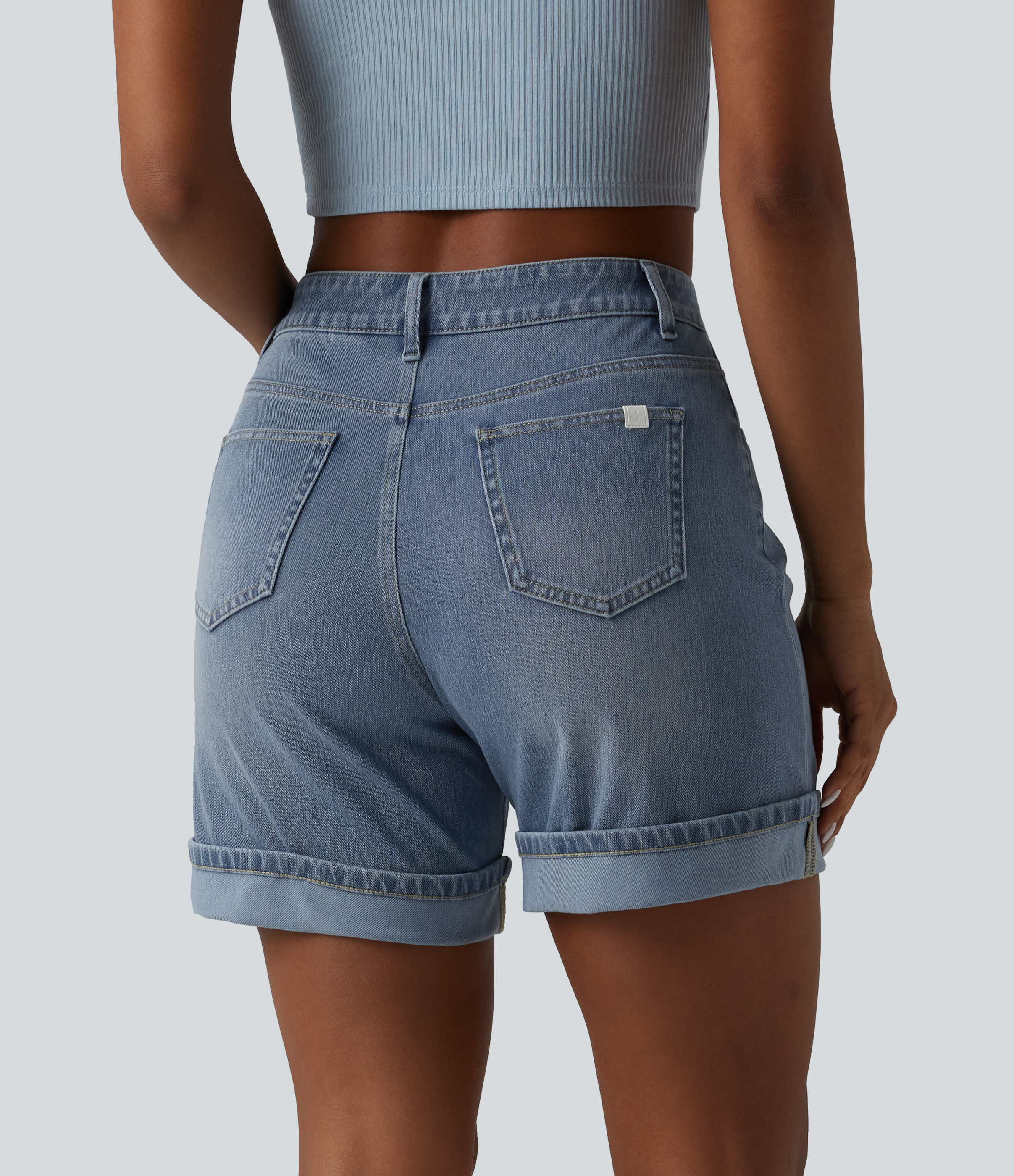 Malibu Blue Denim Halara Flex™ pantalones cortos vaqueros casuales de cintura alta 6'' con bolsillos / 2